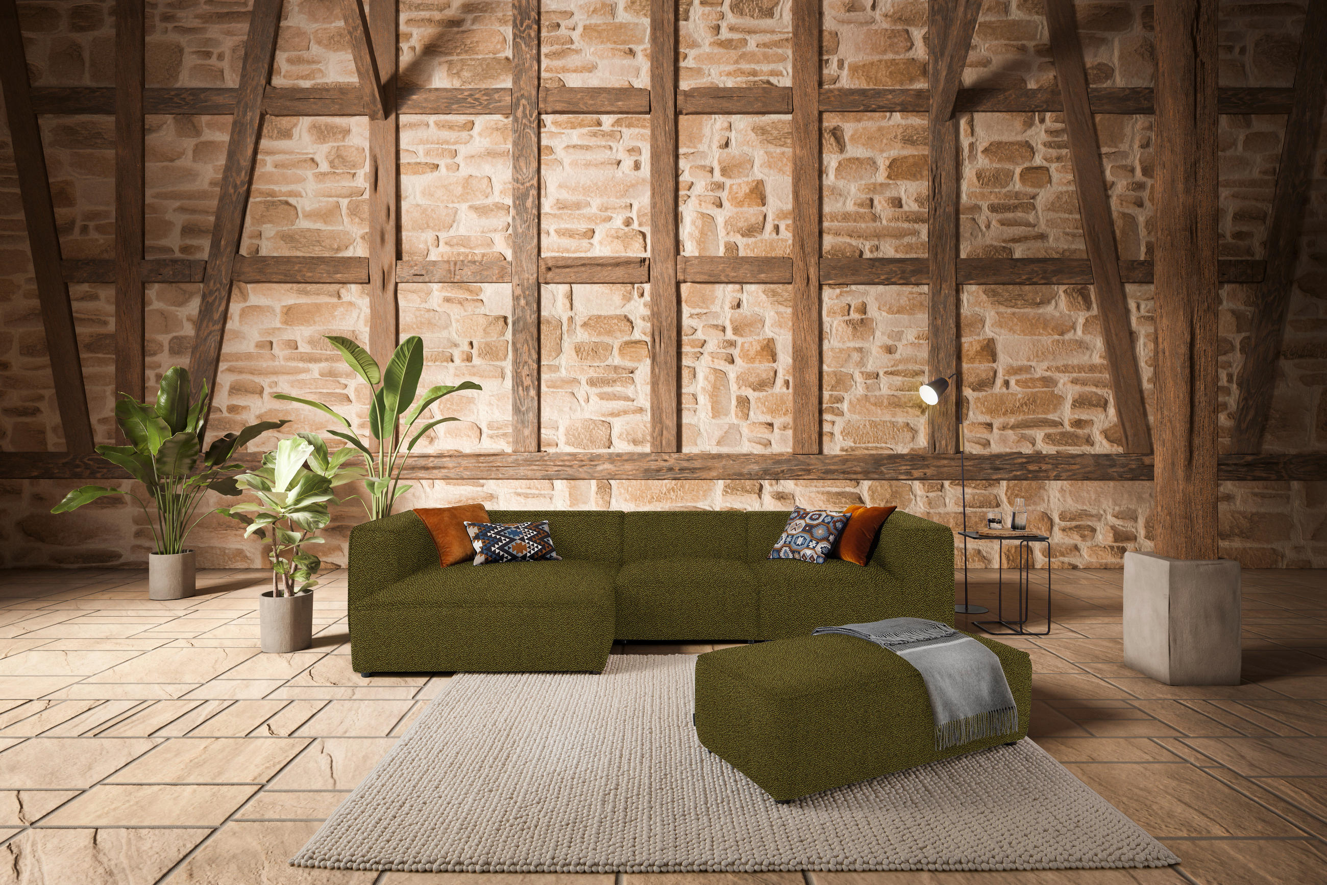 ECKSOFA  in Flachgewebe Khaki  164/341 cm  - Khaki/Schwarz, Design, Kunststoff/Textil (164/341cm) - W.Schillig