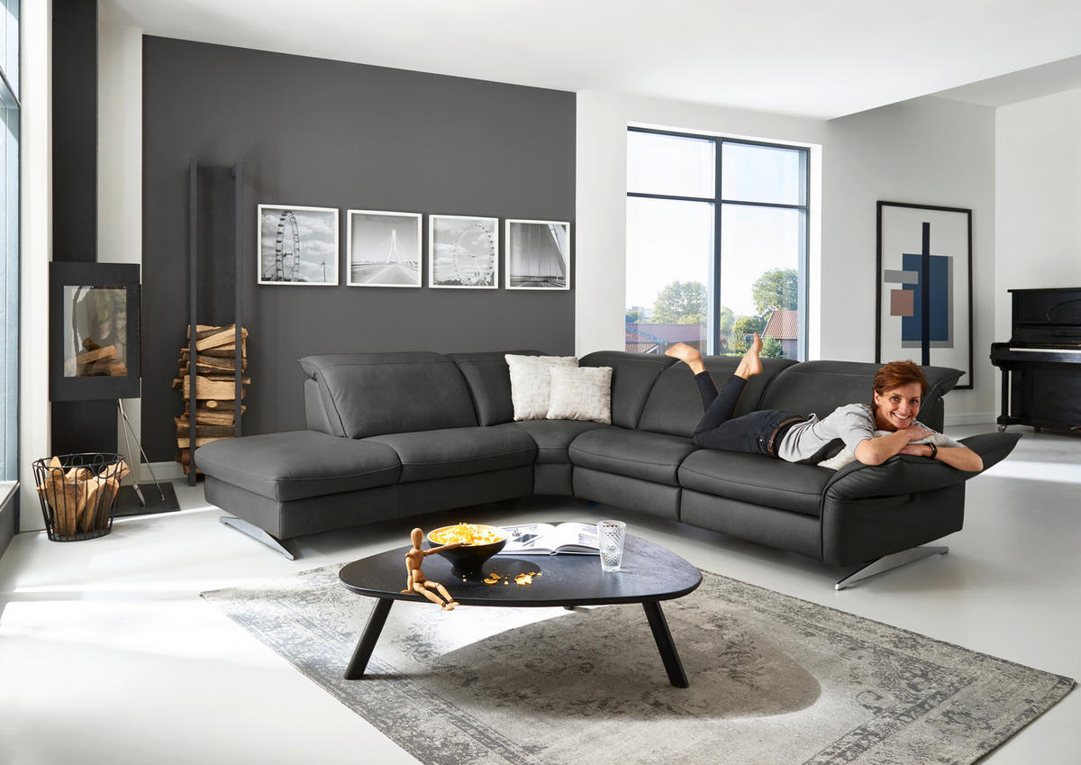 ECKSOFA in Echtleder Schwarz  - Edelstahlfarben/Schwarz, Design, Leder/Metall (258/292cm) - Hukla