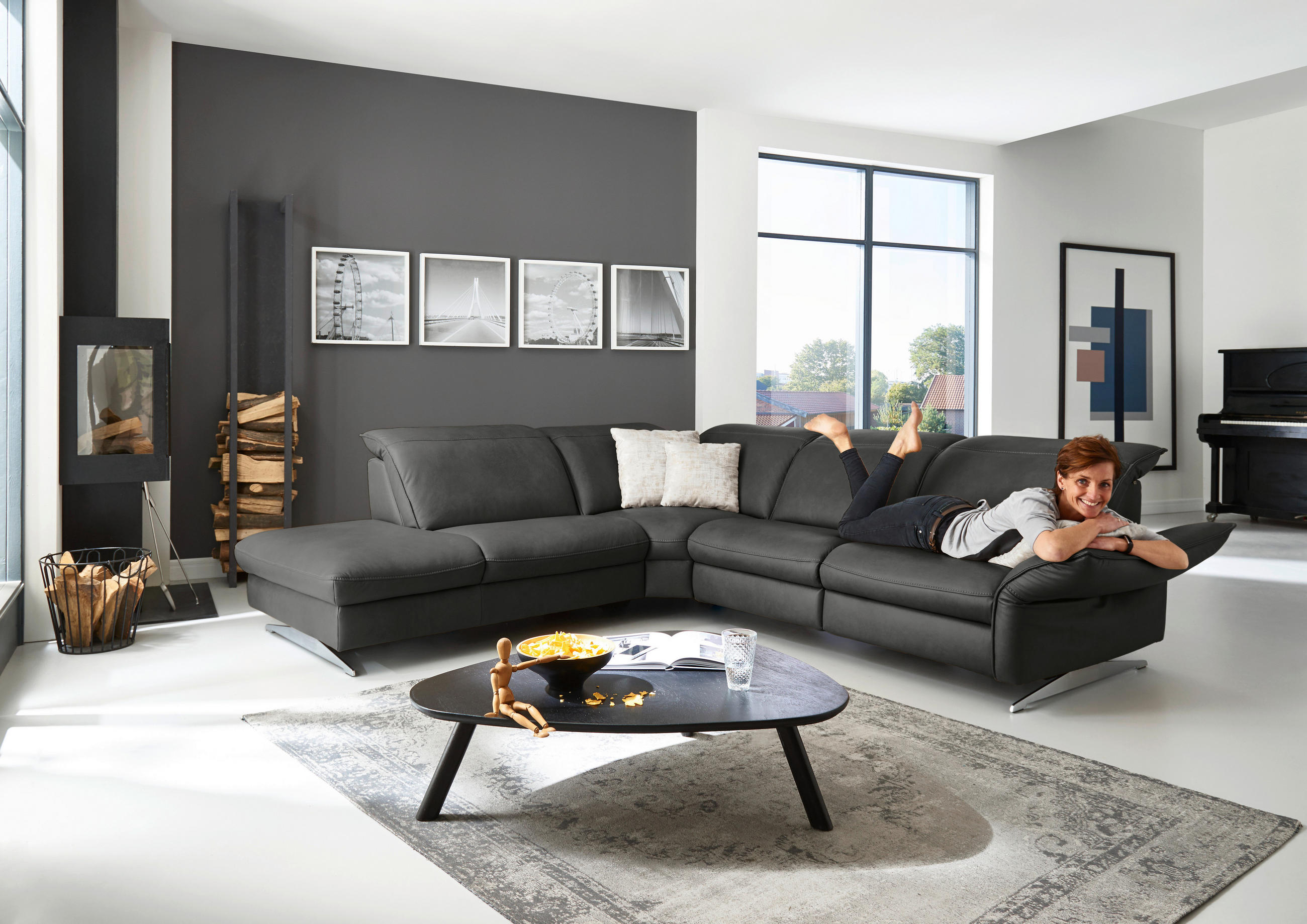 Thumbnail - Hukla Ecksofa Valdera, Schwarz, Leder, Echtleder, Semi-Anilinleder, 4-Sitzer, Ottomane links, Eckteil, L-Form, 292x258 c...