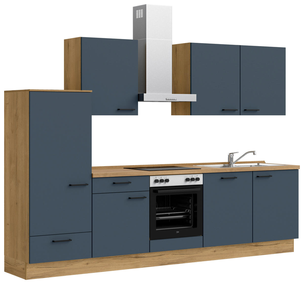 KÜCHENBLOCK Easytouch 300 cm  in Eichefarben, Dunkelblau  - Eichefarben/Schwarz, MODERN, Holzwerkstoff/Metall (300cm) - Nobilia