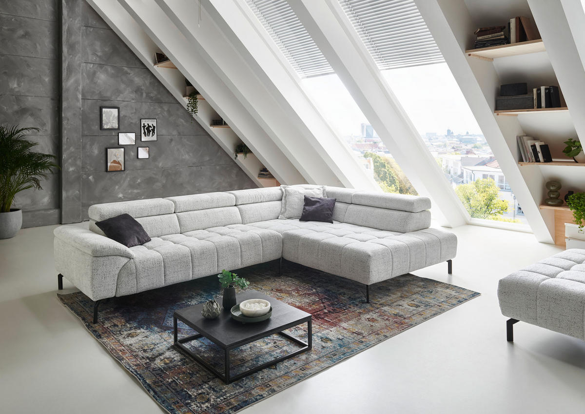 ECKSOFA in Chenille Grauweiss  - Schwarz/Grauweiss, Design, Textil/Metall (323/222cm) - Beldomo Style