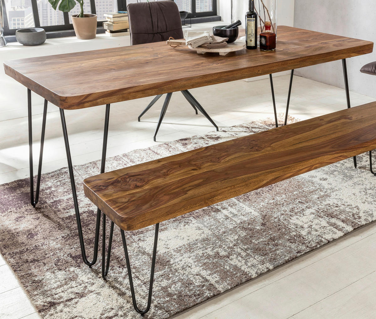 ESSTISCH Sheesham massiv rechteckig Sheeshamfarben  - Sheeshamfarben/Schwarz, Design, Holz/Metall (160/80/76cm) - MID.YOU