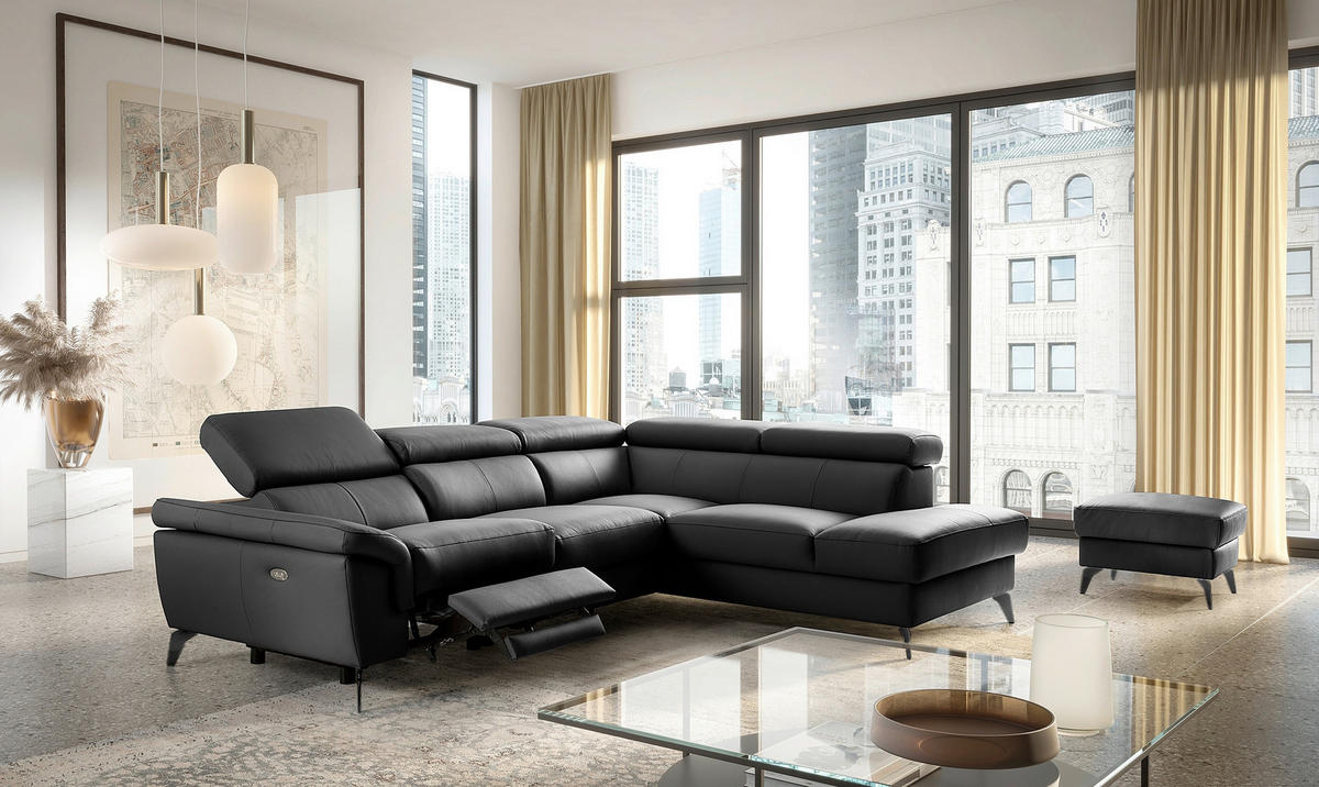 ECKSOFA SONO in Lederlook Echtleder Schwarz Armteilverstellung, Kopfteilverstellung  265/210 cm  - Schwarz, Design, Leder/Textil (265/210cm) - Livetastic
