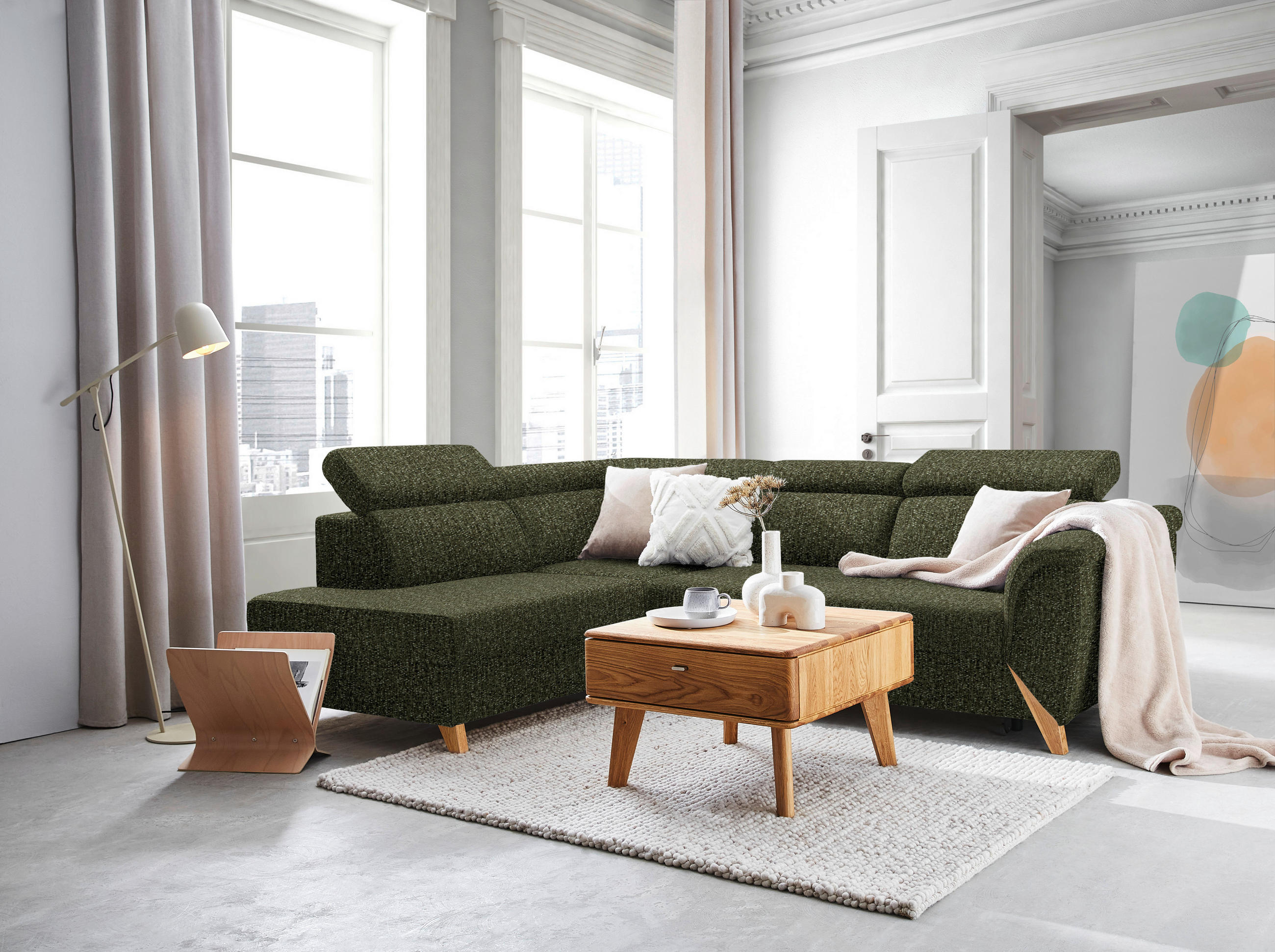 ECKSOFA in Struktur Olivgrün  200/265 cm  - Naturfarben/Olivgrün, KONVENTIONELL, Holz/Textil (200/265cm) - Stylife