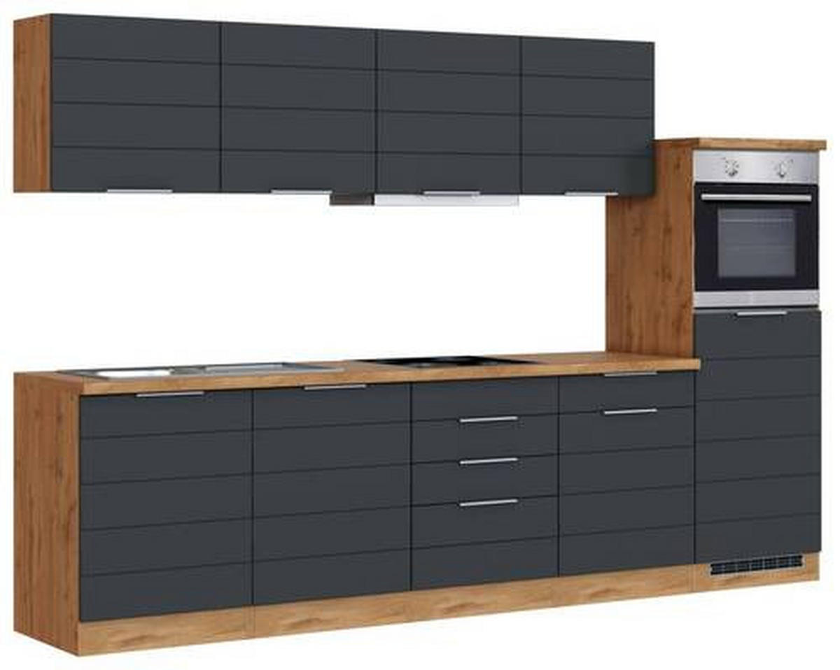 KÜCHENBLOCK 300 cm   in Eiche Wotan, Grau  - Eiche Wotan/Grau, Design, Holzwerkstoff/Metall (300cm) - Held