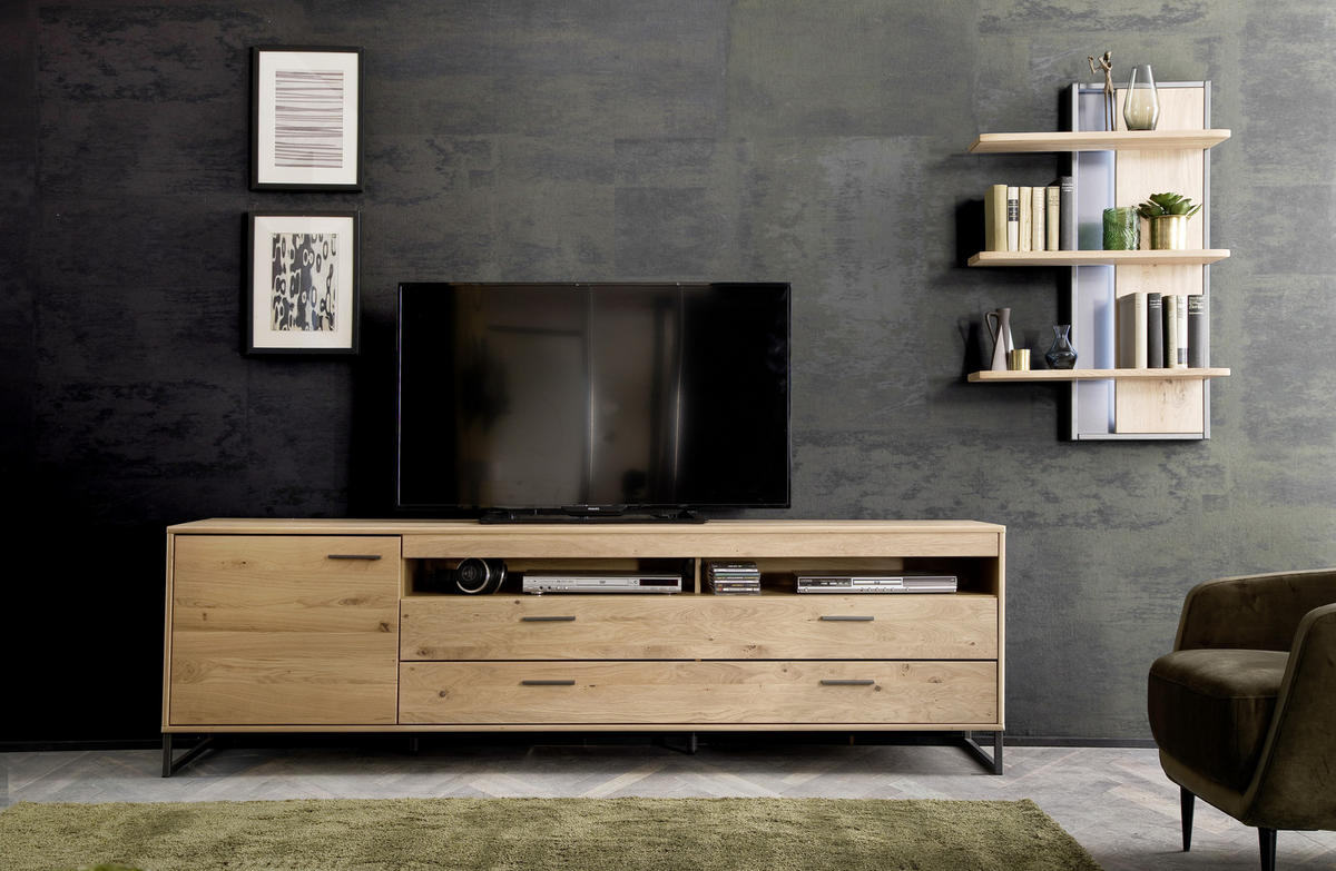 MEDIABÄNK i faner, massiv kvistek ekfärgad  - svart/ekfärgad, Design, metall/trämaterial (224/67/50cm) - Livetastic