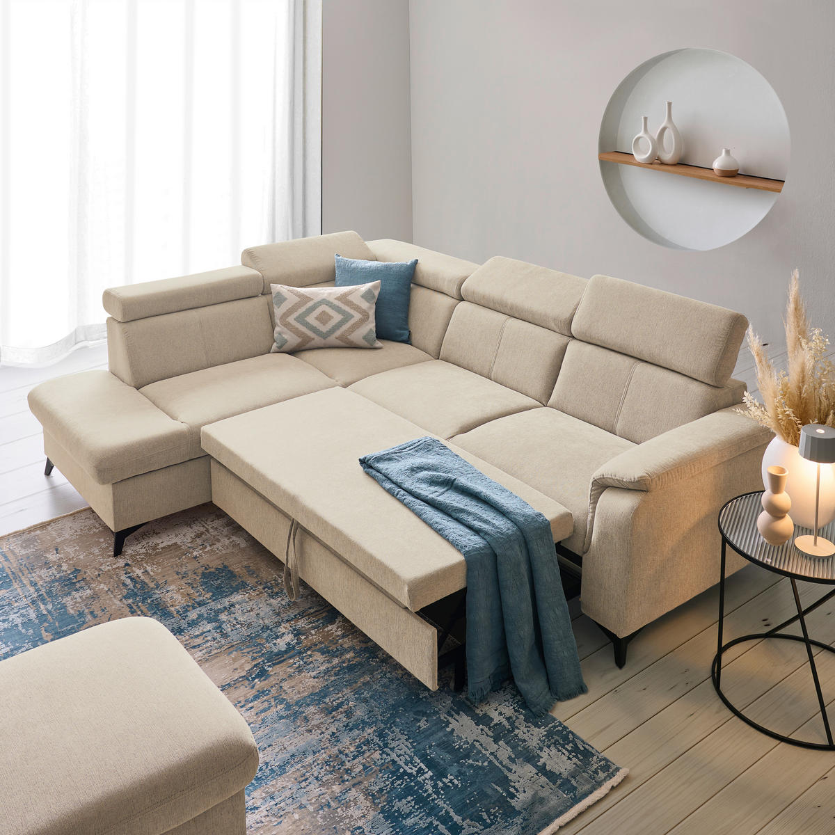 Ecksofa inkl. Funktionen in Chenille Naturfarben  - Schwarz/Naturfarben, Design, Textil/Metall (203/260cm) - Stylife