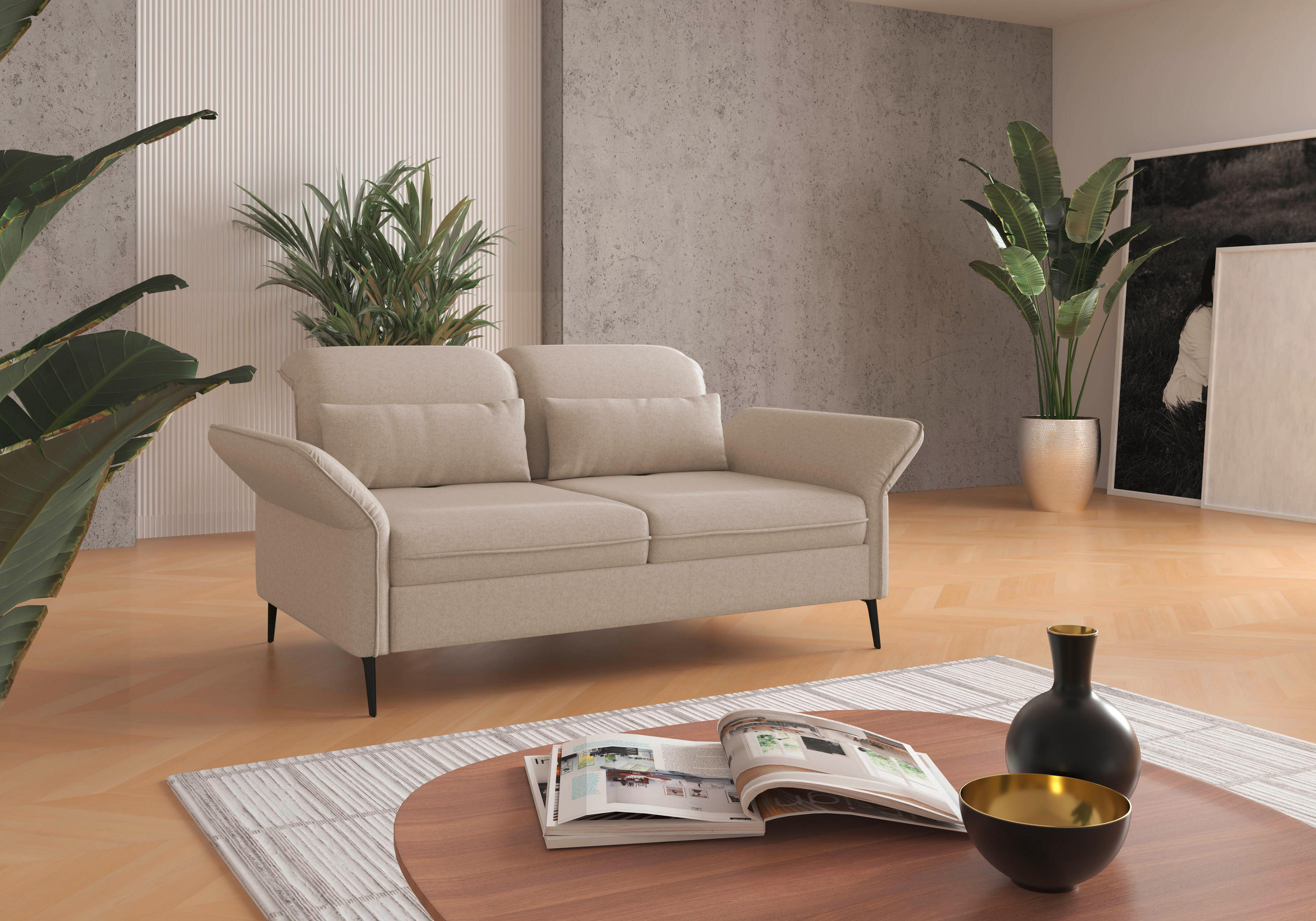 2,5-SITZER Flachgewebe Creme  - Creme/Schwarz, KONVENTIONELL, Textil/Metall (189/92/123cm) - Sit & More