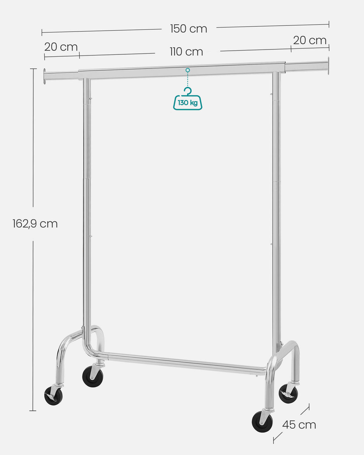 POJAZDNÝ STOJAN NA ODEVY - strieborná, Basics, kov/plast (150/163/45cm)