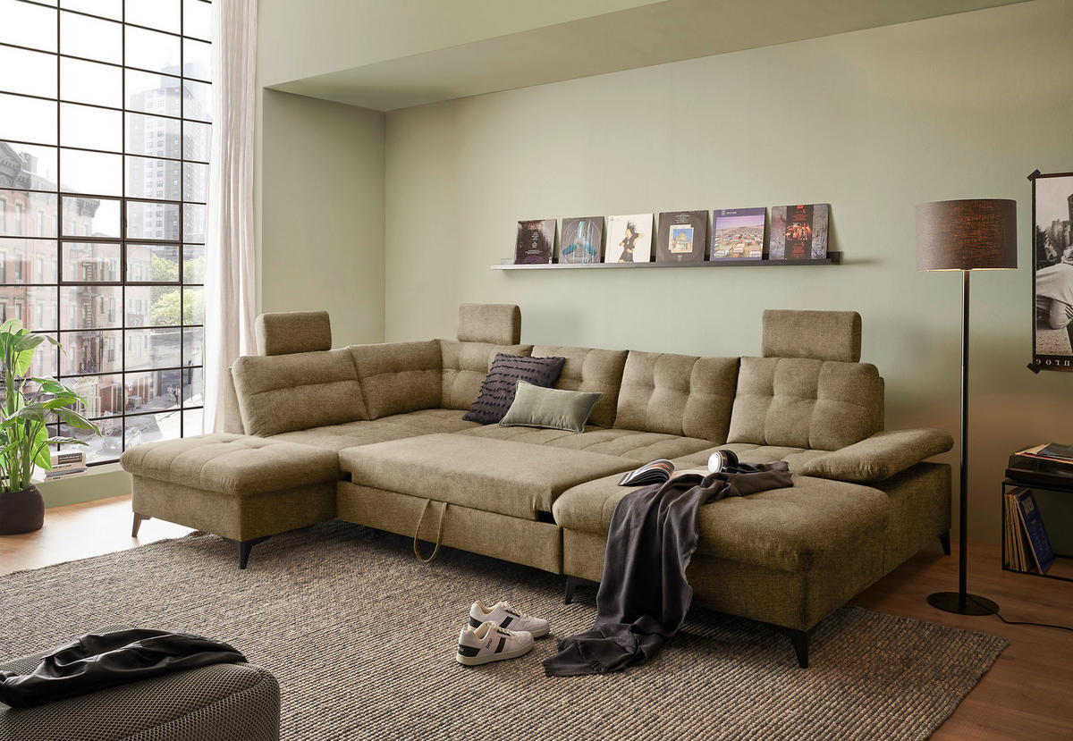 WOHNLANDSCHAFT in Webstoff Sandfarben  - Sandfarben/Schwarz, Konventionell, Kunststoff/Textil (218/324/170cm) - MID.YOU