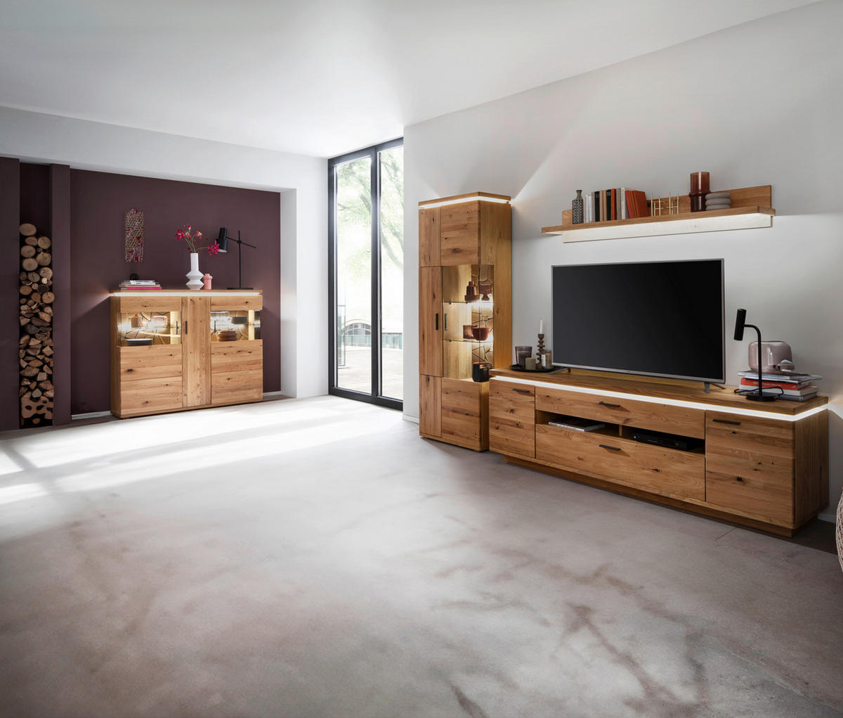 WOHNWAND 3-teilig  Eichefarben 300/204/50 cm  LED-Leuchtmittel   - Eichefarben/Schwarz, Natur, Glas/Holz (300/204/50cm) - Linea Natura