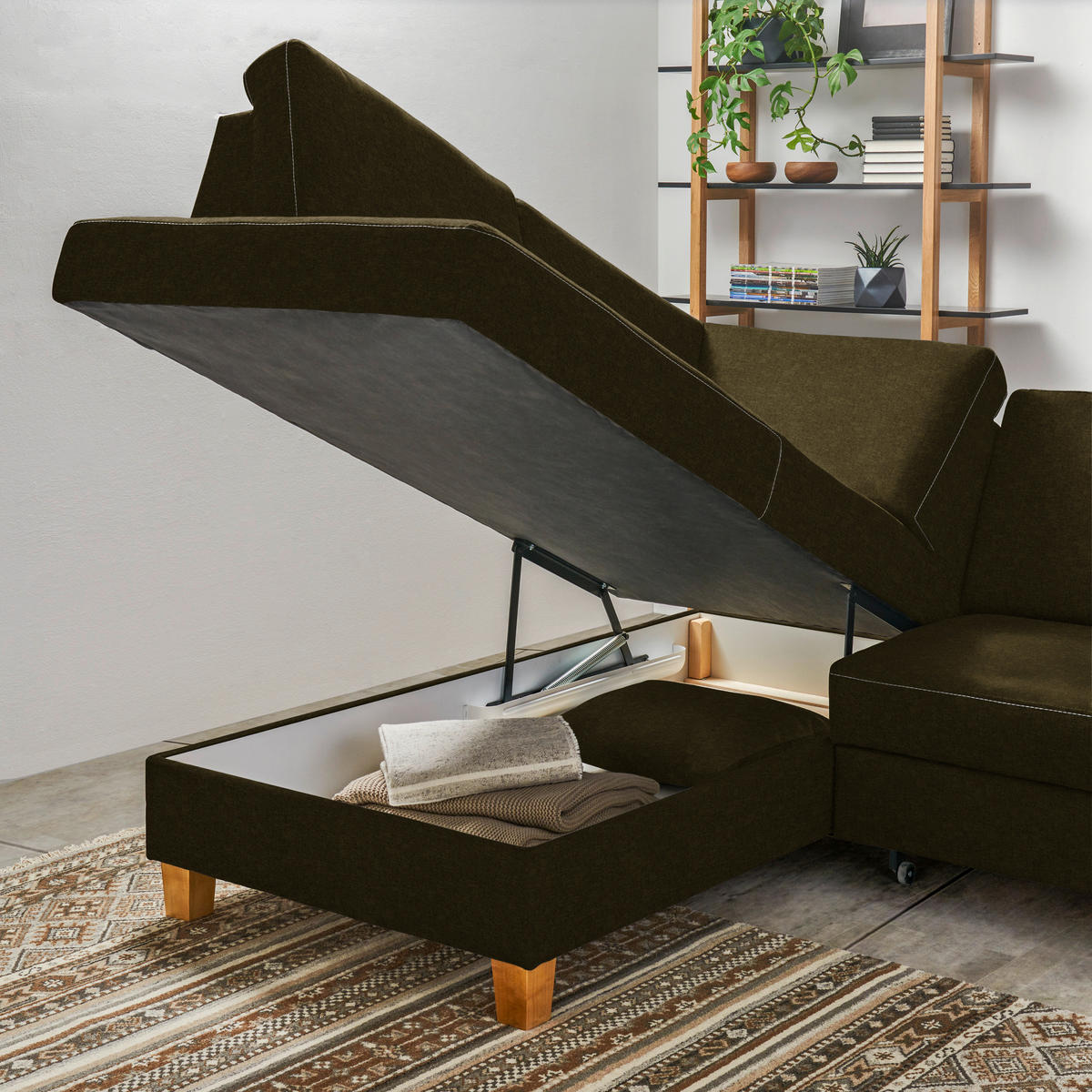 ECKSOFA in Flachgewebe Olivgrün  - Eichefarben/Olivgrün, Design, Holz/Textil (185/253cm) - Cantus