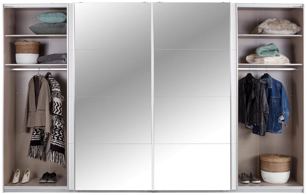 SCHIEBETÜRENSCHRANK 361/230/62 cm 4-türig Klar, Weiß  - Chromfarben/Klar, MODERN, Holzwerkstoff/Metall (361/230/62cm) - Rauch Möbel