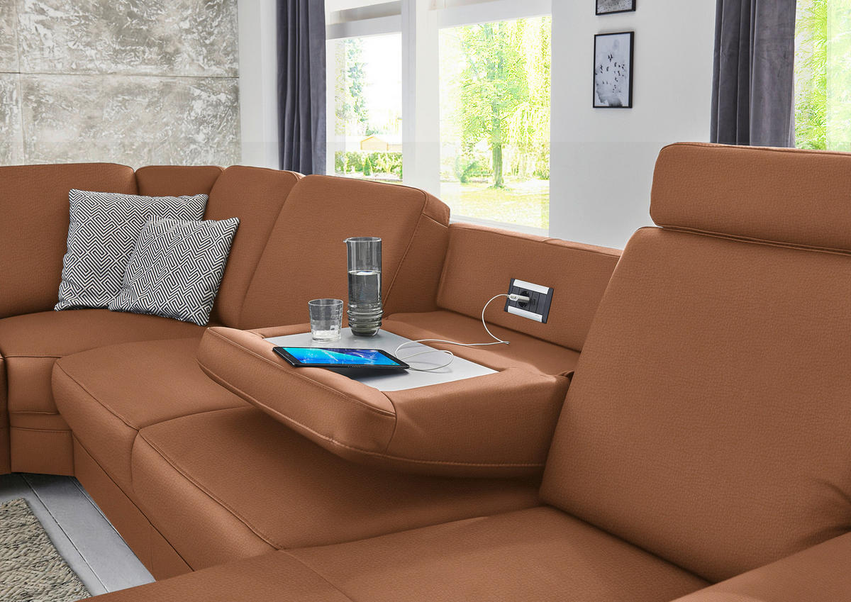 WOHNLANDSCHAFT Echtleder Cognac  - Cognac/Alufarben, Konventionell, Leder/Metall (239/329/165cm) - Beldomo Premium