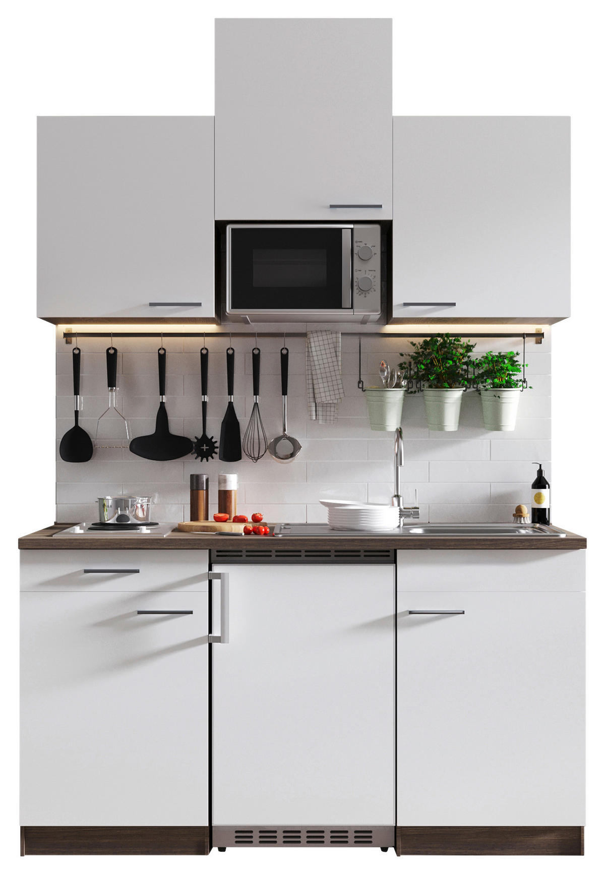 MINIKÜCHE 150 cm   in Weiß  - Eichefarben/Alufarben, Basics, Holzwerkstoff/Kunststoff (150cm) - Respekta