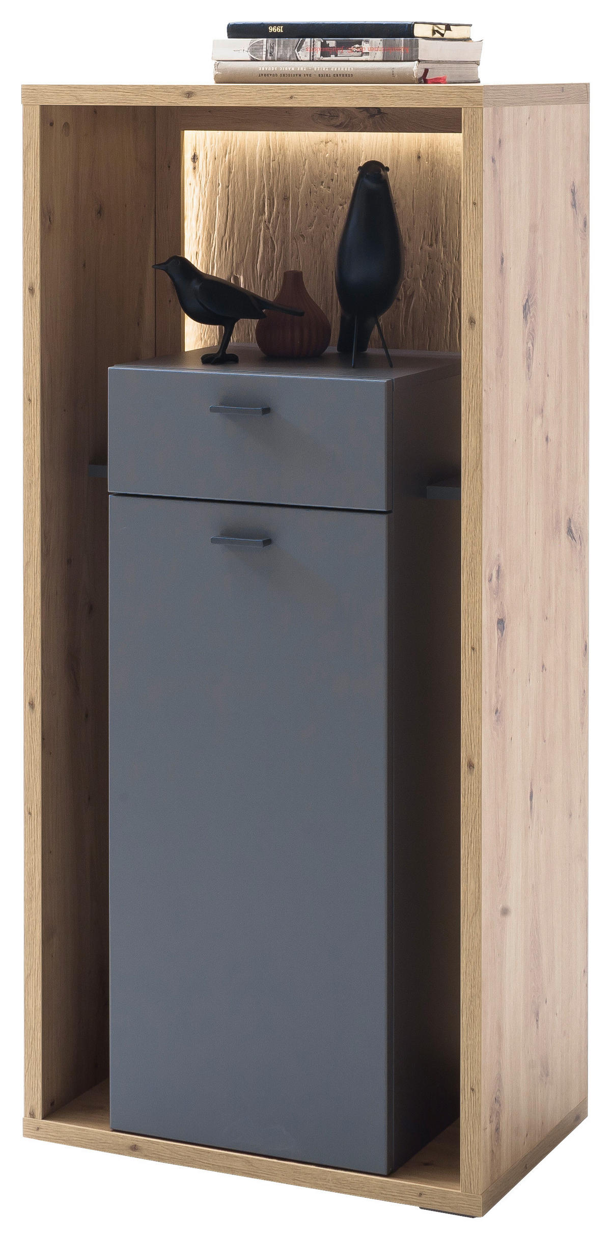 VYSOKÁ KOMODA, sivá, farba duba, 66/141/40 cm - sivá/farba duba, Design, kov/kompozitné drevo (66/141/40cm)