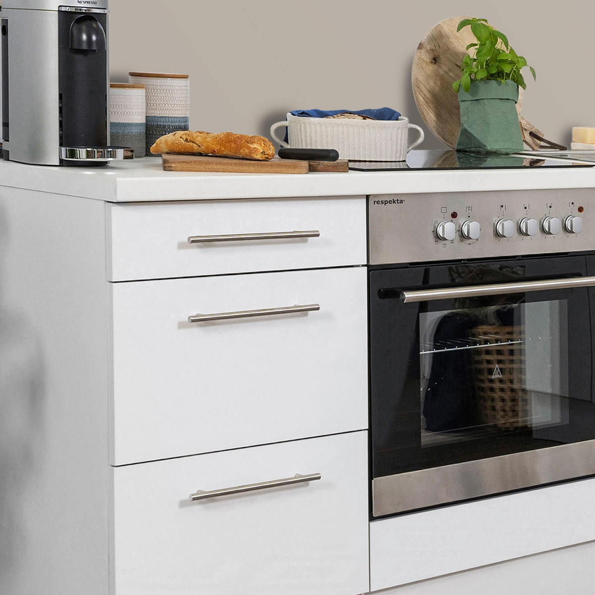 KÜCHENBLOCK 300 cm   in Weiss  - Weiss/Edelstahlfarben, Konventionell, Holzwerkstoff/Metall (300cm) - Respekta