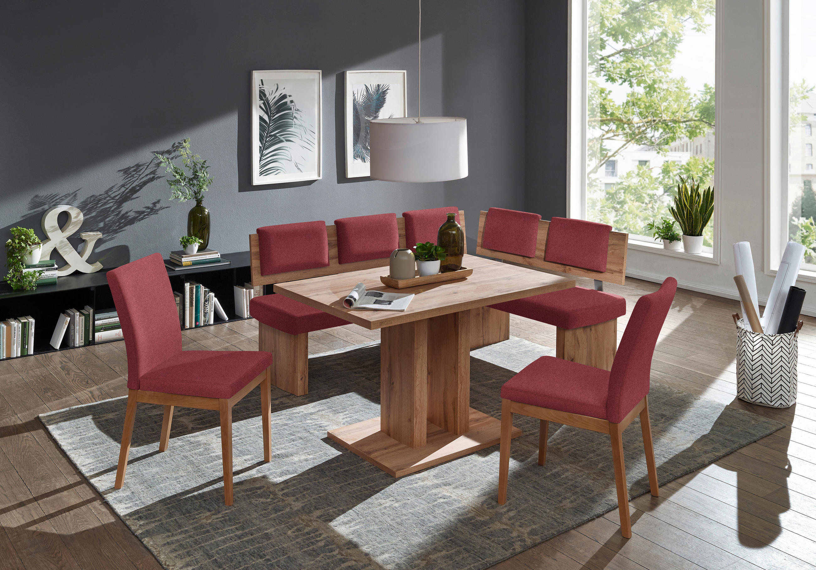 STUHL in Holz, Textil Rot, Eichefarben  - Eichefarben/Rot, KONVENTIONELL, Holz/Textil (47/95/60cm) - Cantus