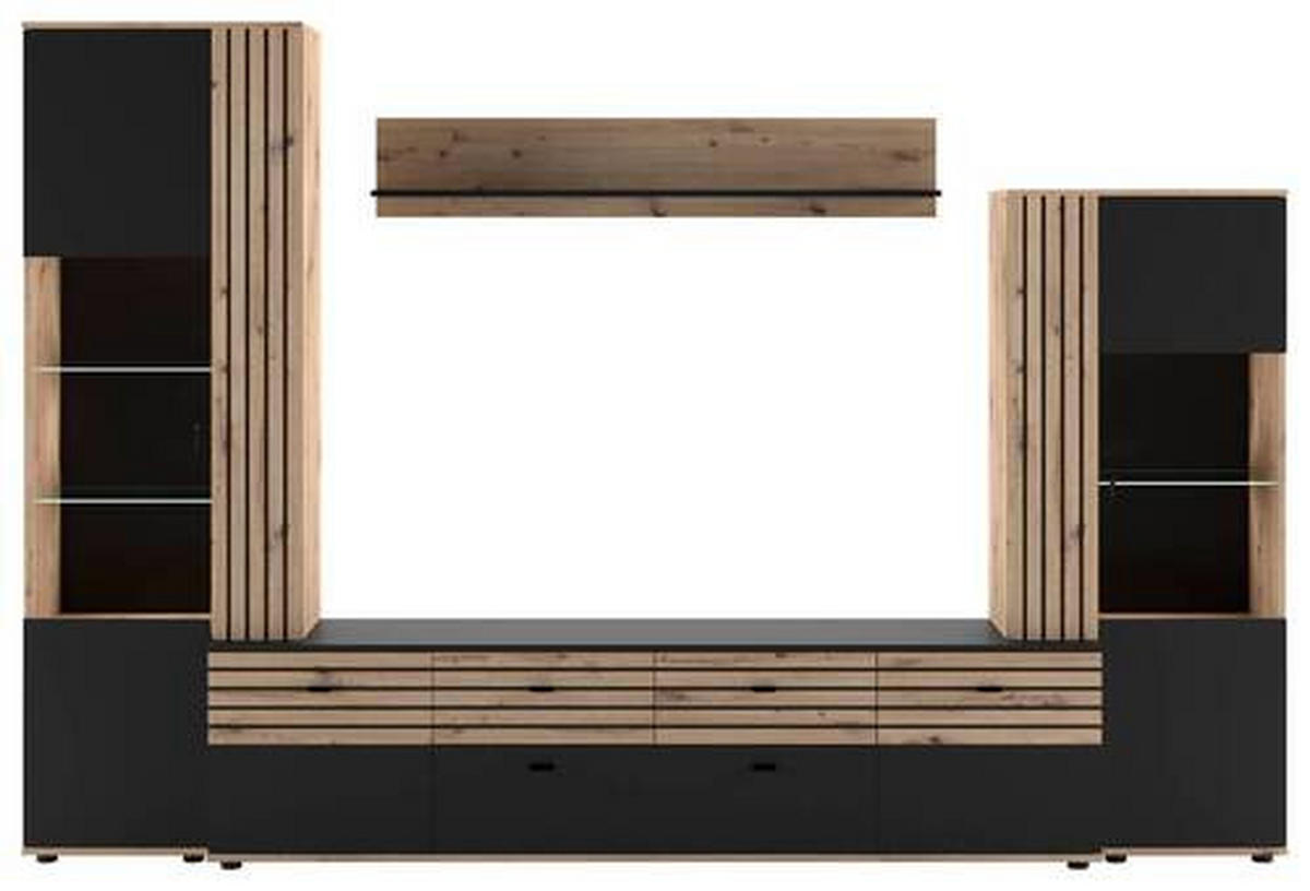 WOHNWAND  in Schwarz, Eiche Artisan  300/199,8/45 cm  - Schwarz/Eiche Artisan, KONVENTIONELL, Glas/Holzwerkstoff (300/199,8/45cm) - Carryhome