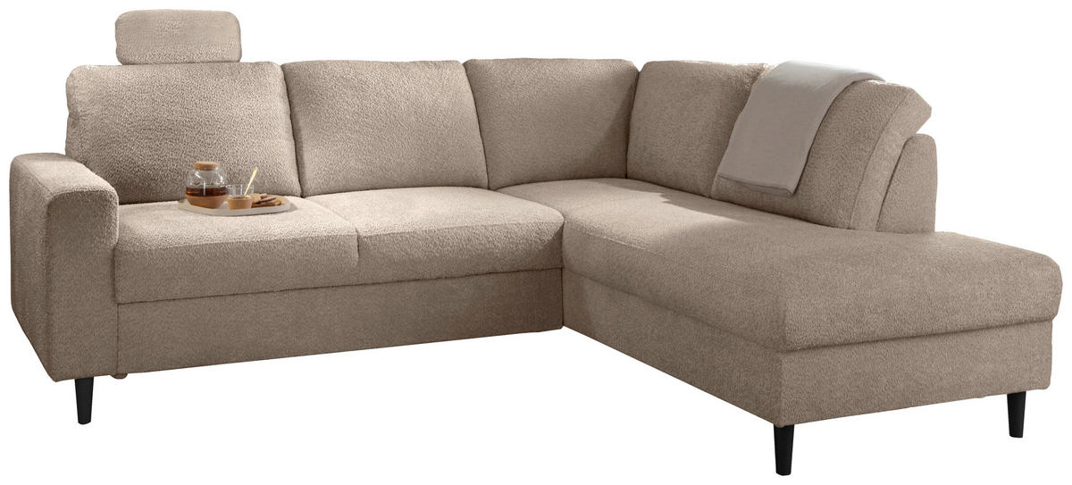 ECKSCHLAFSOFA Beige Bouclé  - Beige/Schwarz, MODERN, Holz/Textil (242/200cm) - Livetastic