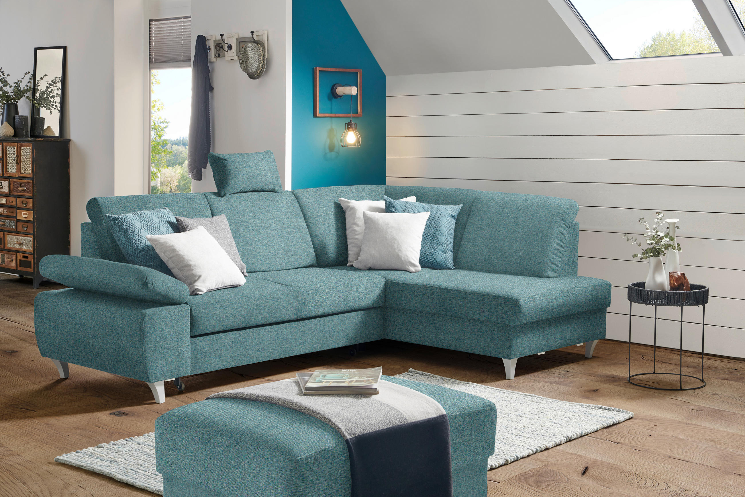 ECKSOFA in Flachgewebe Türkis  - Türkis/Silberfarben, Konventionell, Holz/Textil (255/186cm) - Cantus