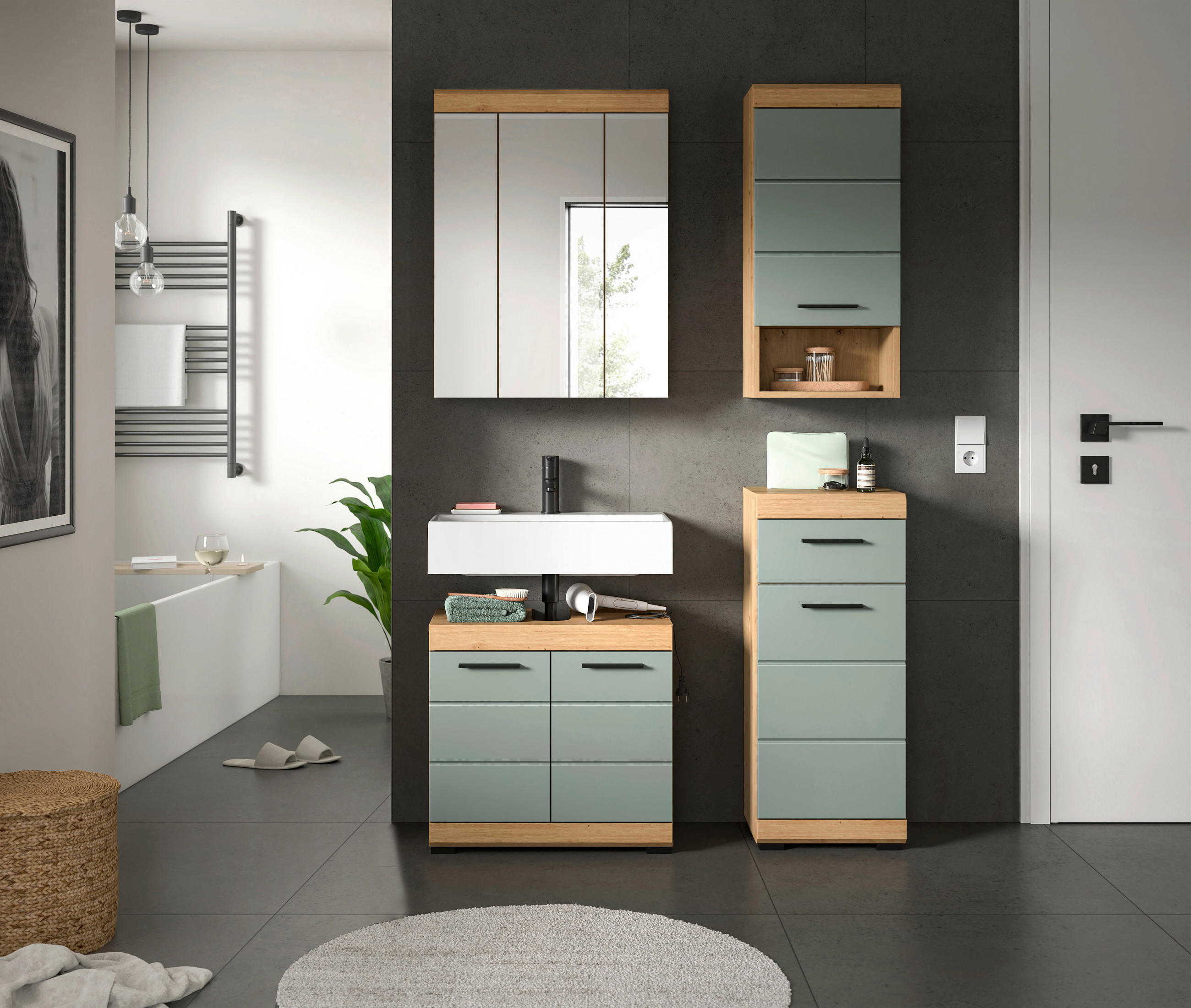 BADEZIMMER 4-teilig  in 97 cm  - Salbeigrün/Eichefarben, Modern, Glas/Holzwerkstoff (97cm) - MID.YOU