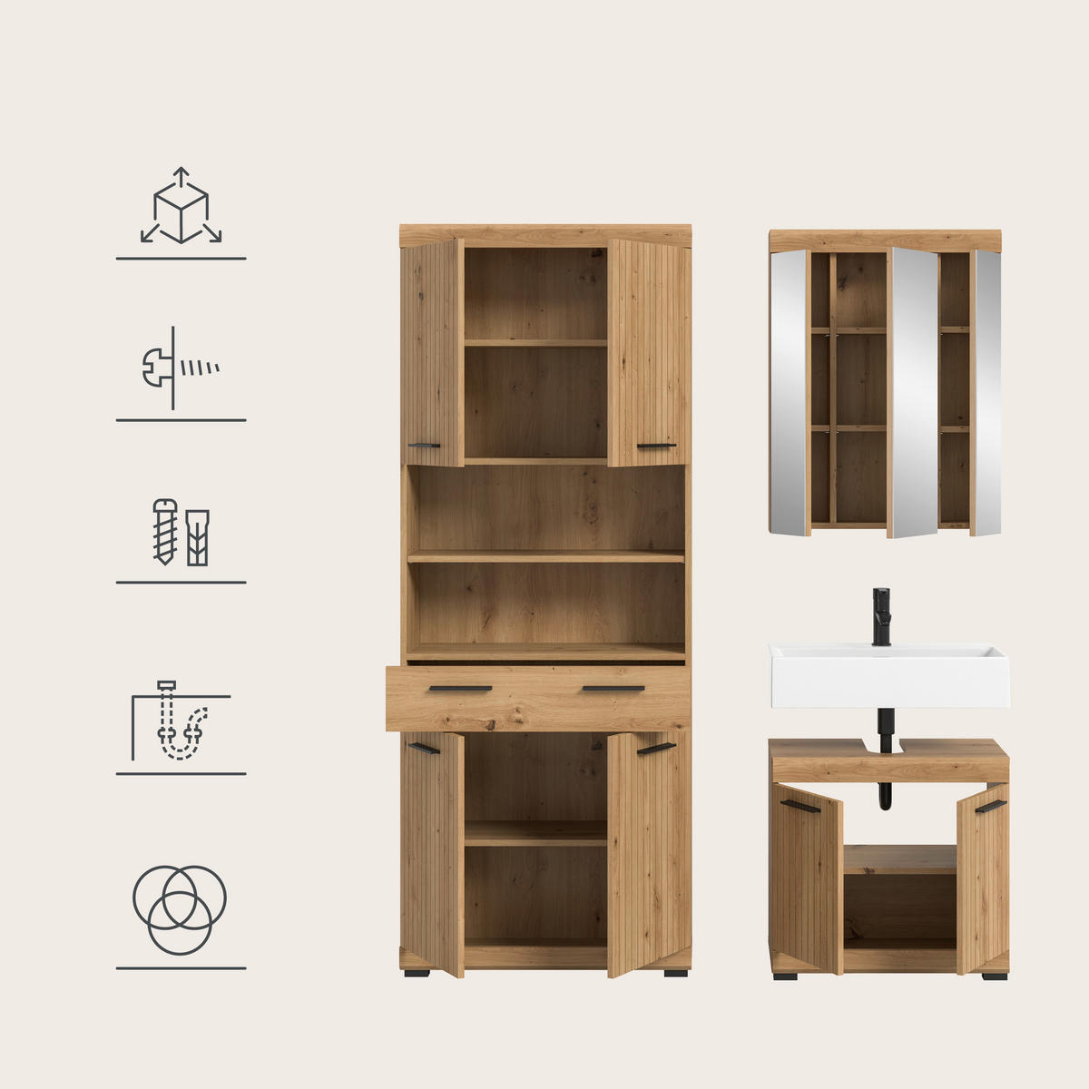BADEZIMMER 3-teilig  in 134 cm  - Schwarz/Eiche Artisan, Trend, Glas/Holzwerkstoff (134cm) - MID.YOU