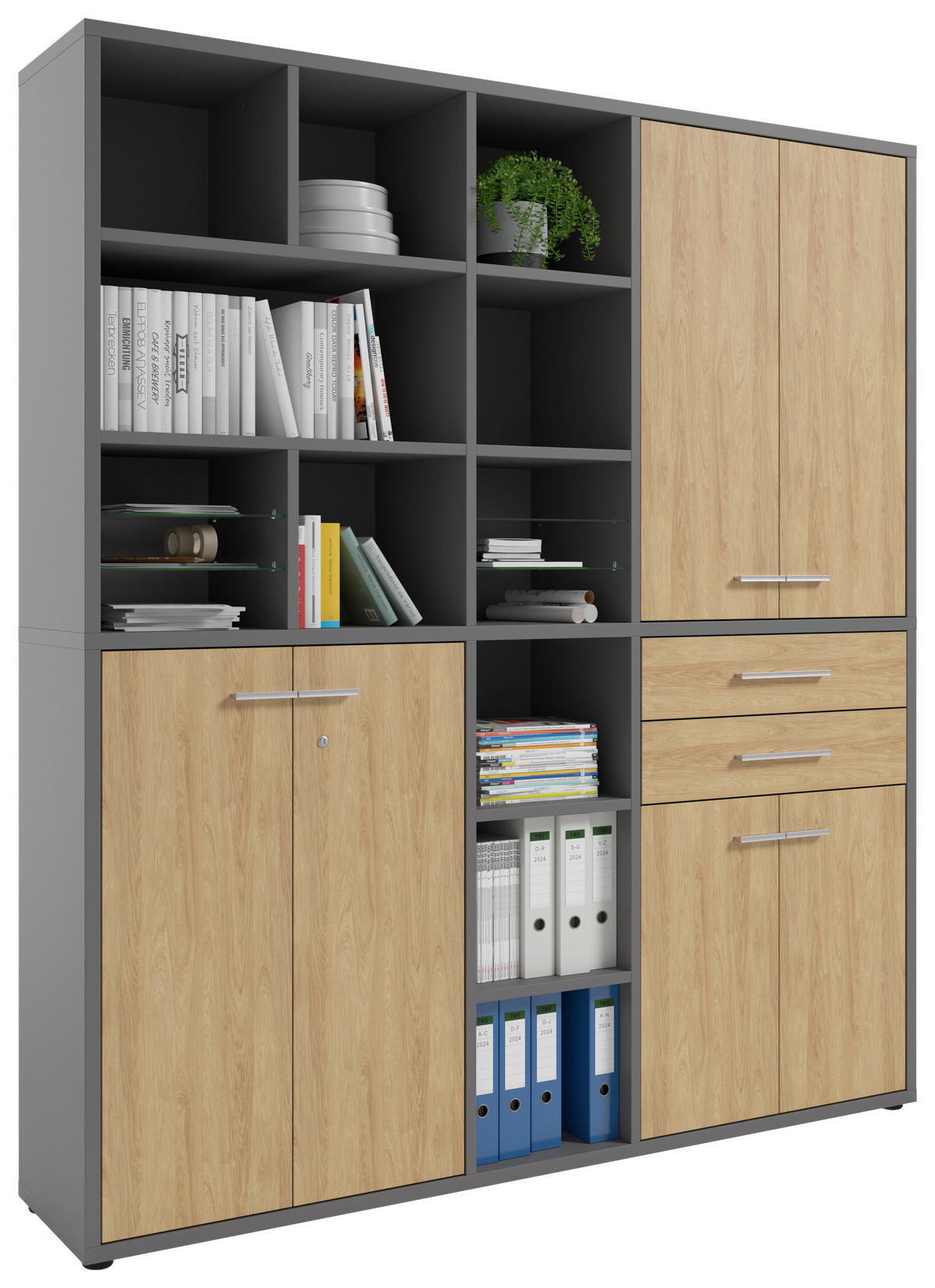 AKTENSCHRANK Eiche Grau, Hickory  - Grau/Hickory, MODERN, Glas/Holz (191/215,4/40cm)