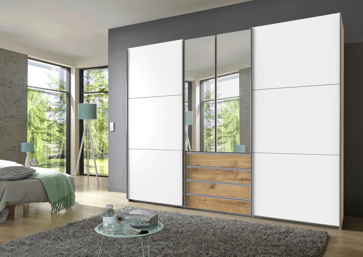 SCHWEBETÜRENSCHRANK 300/236/65 cm,  in Weiß, Eichefarben, 2+2  - Chromfarben/Eichefarben, MODERN, Glas/Holzwerkstoff (300/236/65cm) - P & B