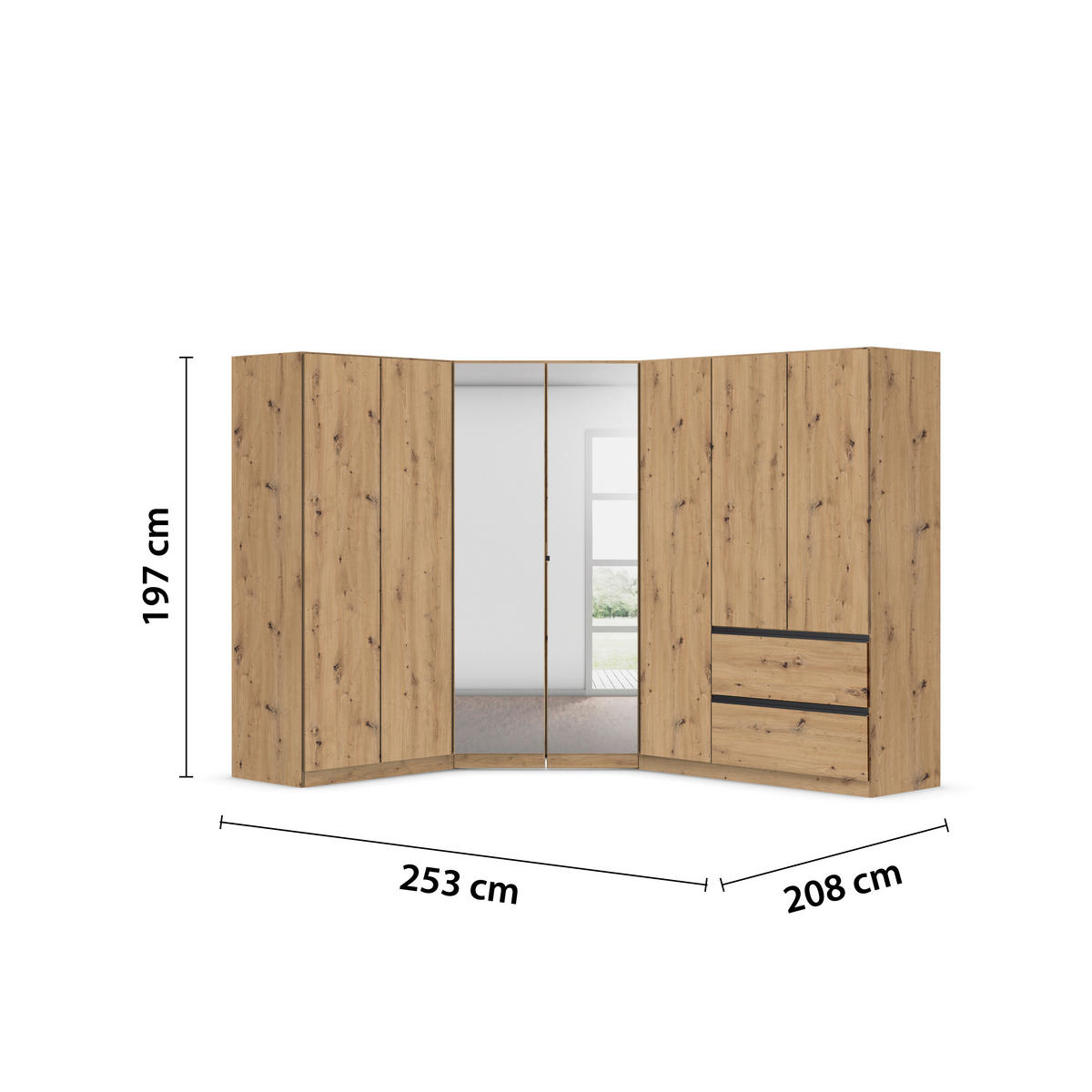 ECKKLEIDERSCHRANK 208/197/253 cm  - Chromfarben/Eiche Artisan, Modern, Holzwerkstoff (208/197/253cm) - Rauch Möbel