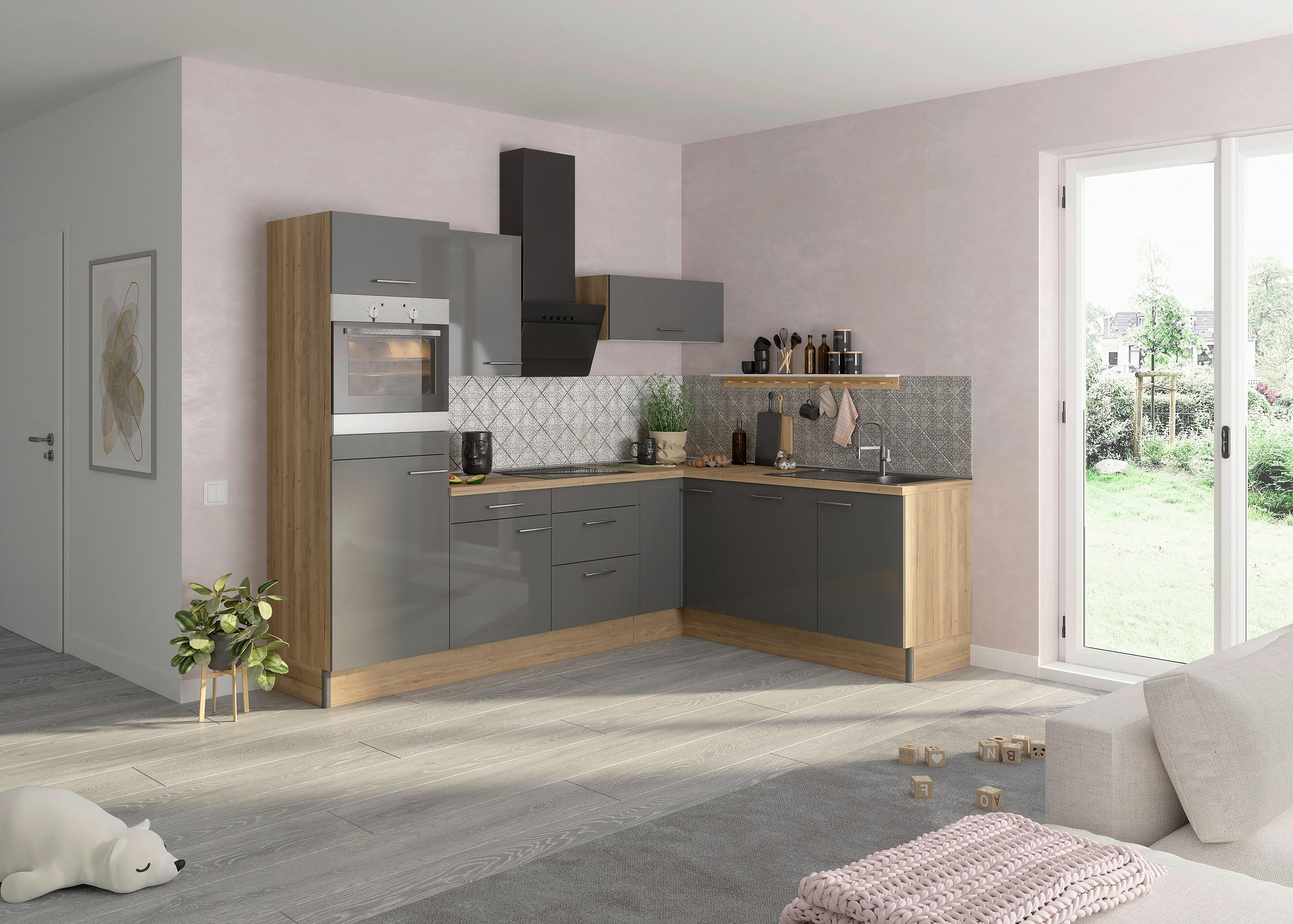 ECKKÜCHE 270/200 cm  in Anthrazit, Eichefarben  - Edelstahlfarben/Eichefarben, Basics, Holzwerkstoff/Metall (270/200cm) - Optifit
