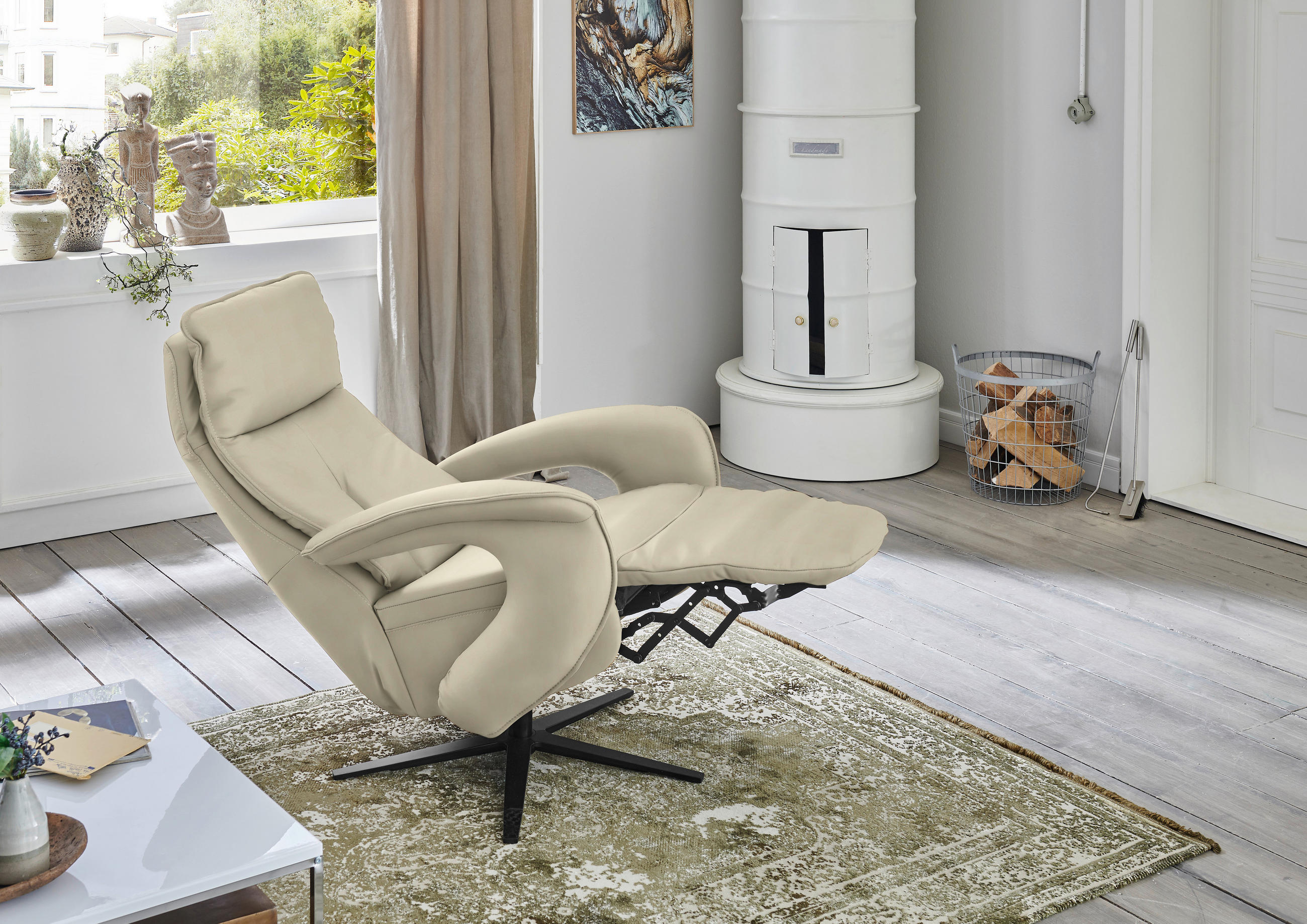 RELAXSESSEL in Leder Creme, Naturfarben  - Creme/Schwarz, Design, Leder/Metall (77/119/87cm) - Valdera