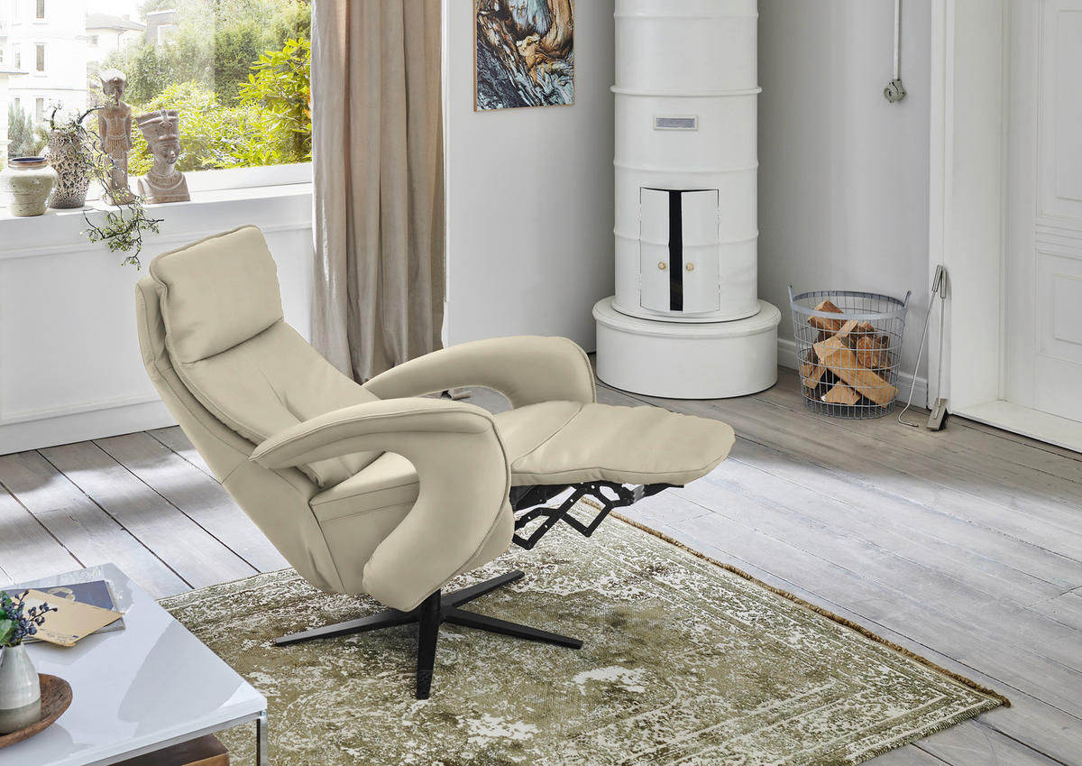 RELAXSESSEL in Leder Creme, Naturfarben  - Creme/Schwarz, Design, Leder/Metall (77/119/87cm) - Valdera