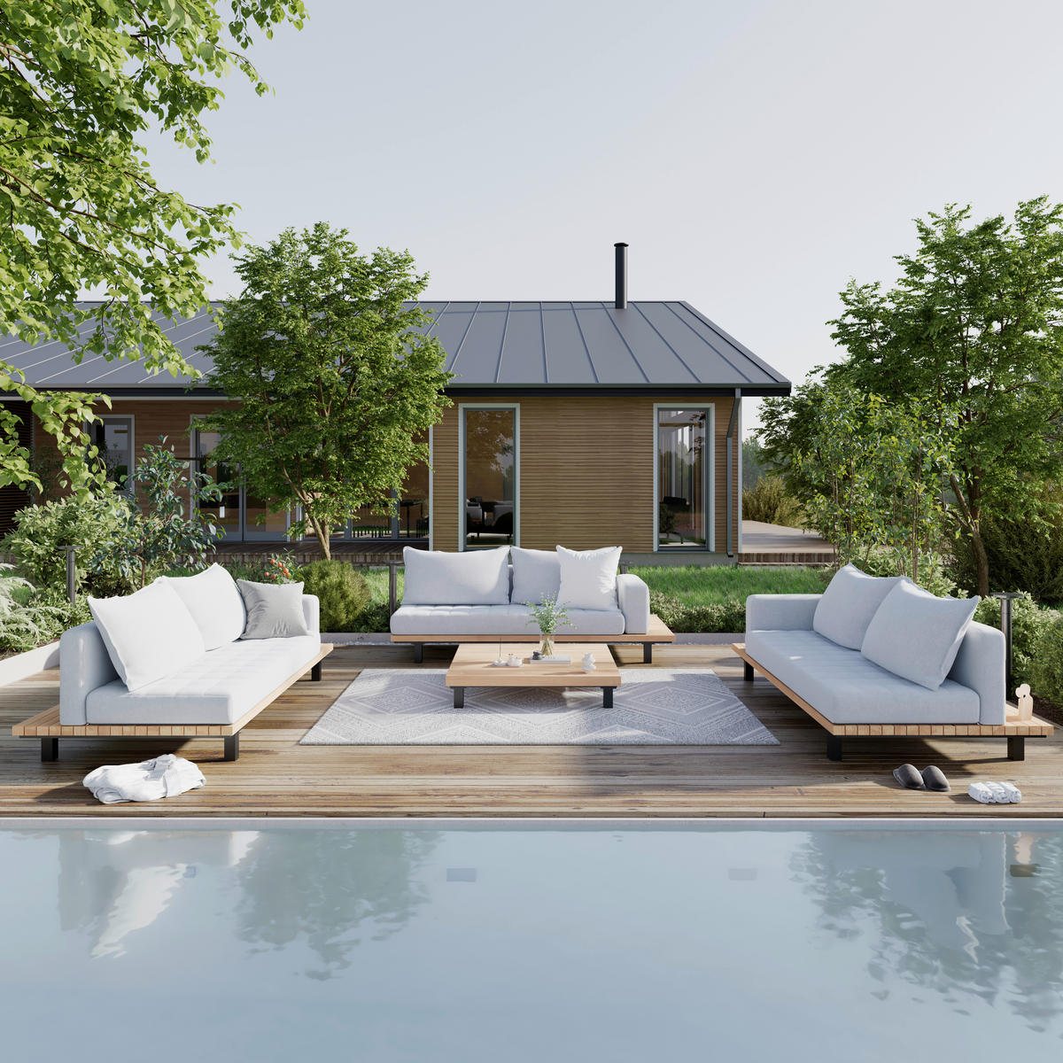 LOUNGEGARNITUR 4-teilig   195/105/78 cm Teakholz Aluminium  - Schwarz/Teakfarben, MODERN, Holz/Textil (195/105/78cm) - Ambia Garden