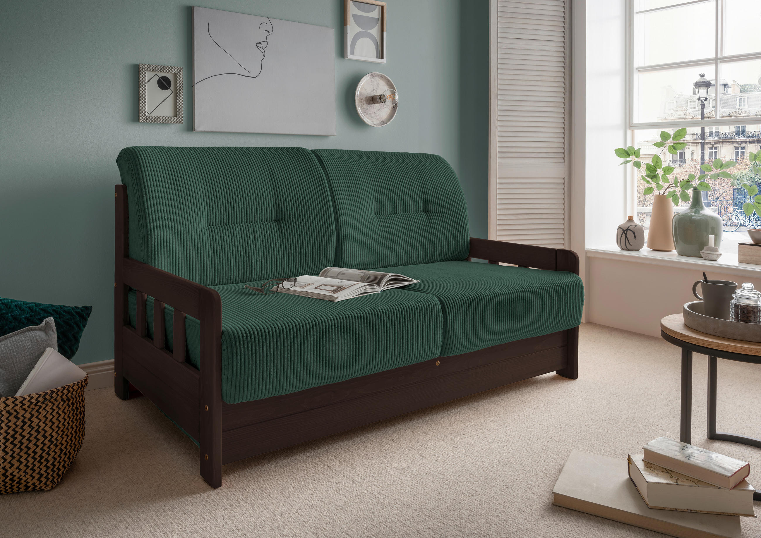 SCHLAFSOFA in Textil Nussbaumfarben, Dunkelgrün  - Dunkelgrün/Nussbaumfarben, Modern, Holz/Textil (154/88/90cm) - Livetastic