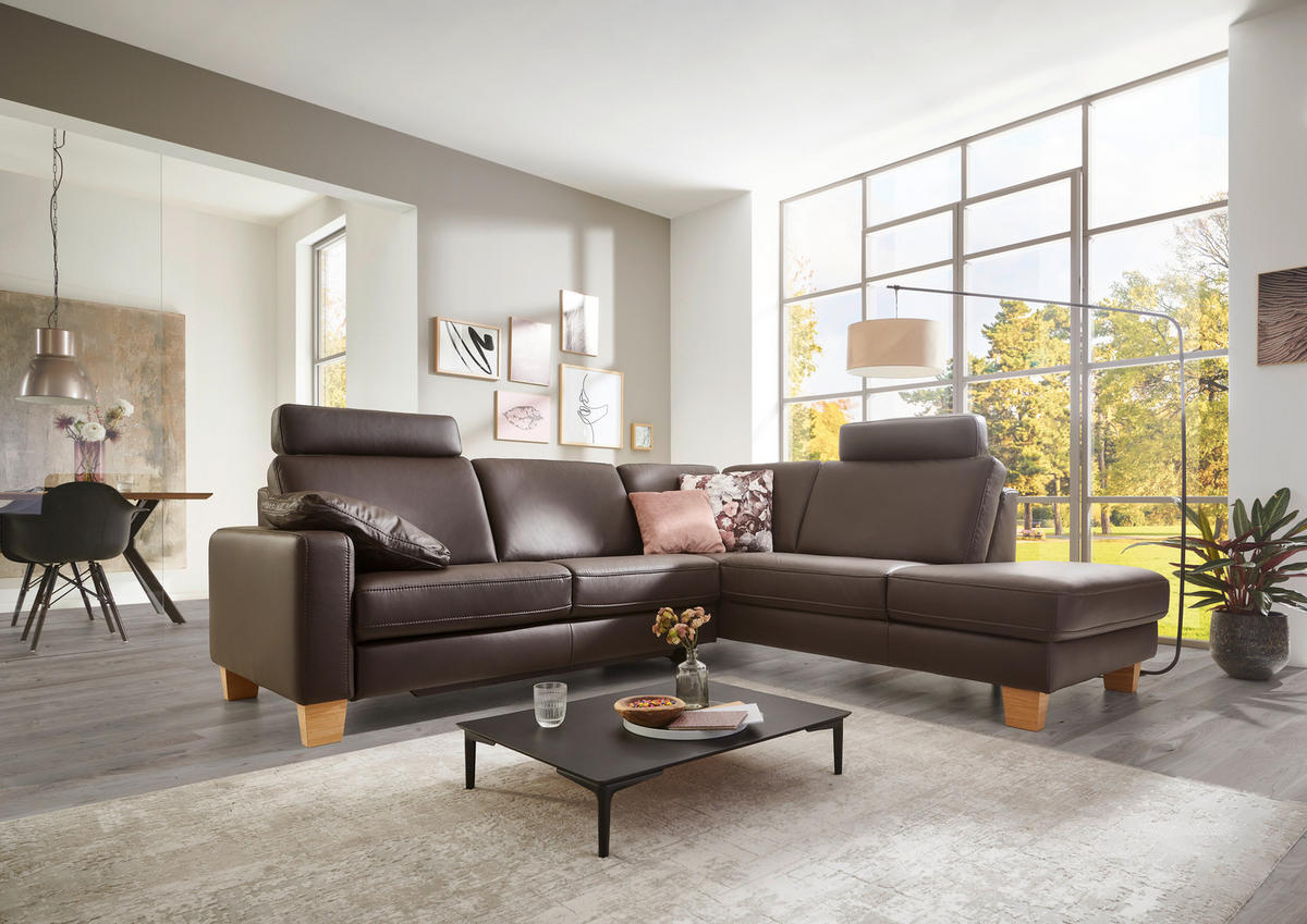 ECKSOFA in Echtleder Dunkelbraun  235/257 cm  - Eiche Bianco/Dunkelbraun, Natur, Leder/Holz (235/257cm) - Valdera