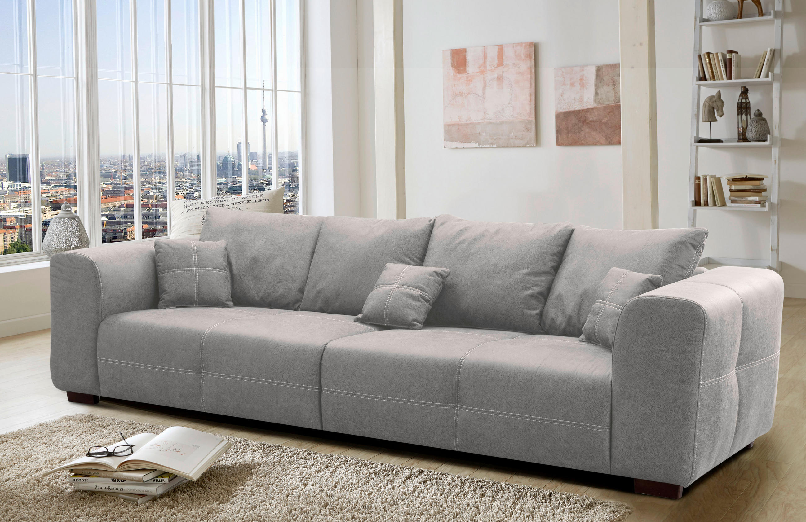 BIGSOFA Flachgewebe Hellgrau  - Beige/Hellgrau, KONVENTIONELL, Holz/Textil (287/69/108cm) - Cantus