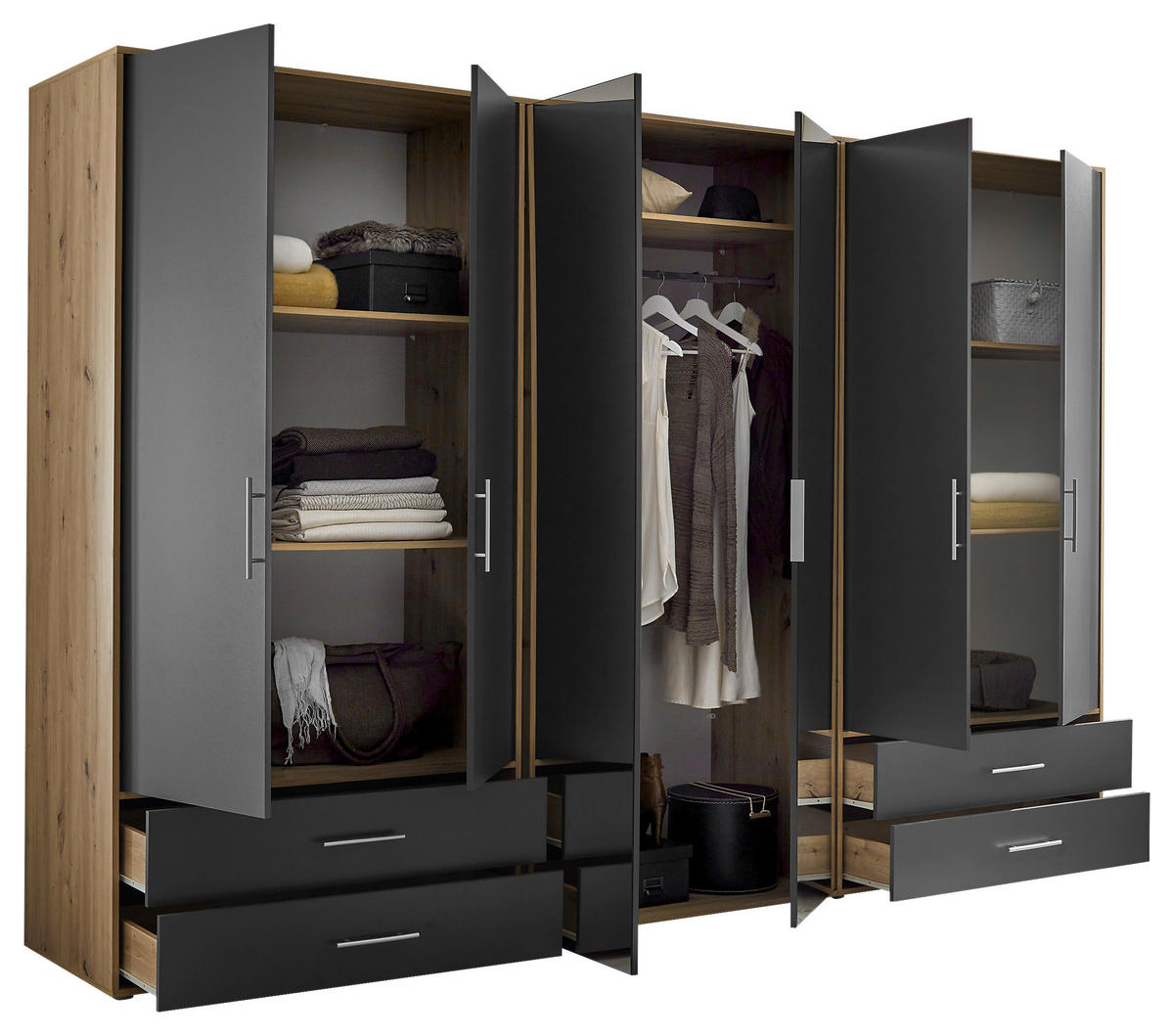 KLEIDERSCHRANK 305/207/58 cm,  in Graphitfarben, Eiche Artisan, 6-türig  - Alufarben/Graphitfarben, KONVENTIONELL, Glas/Holzwerkstoff (305/207/58cm) - Boxxx