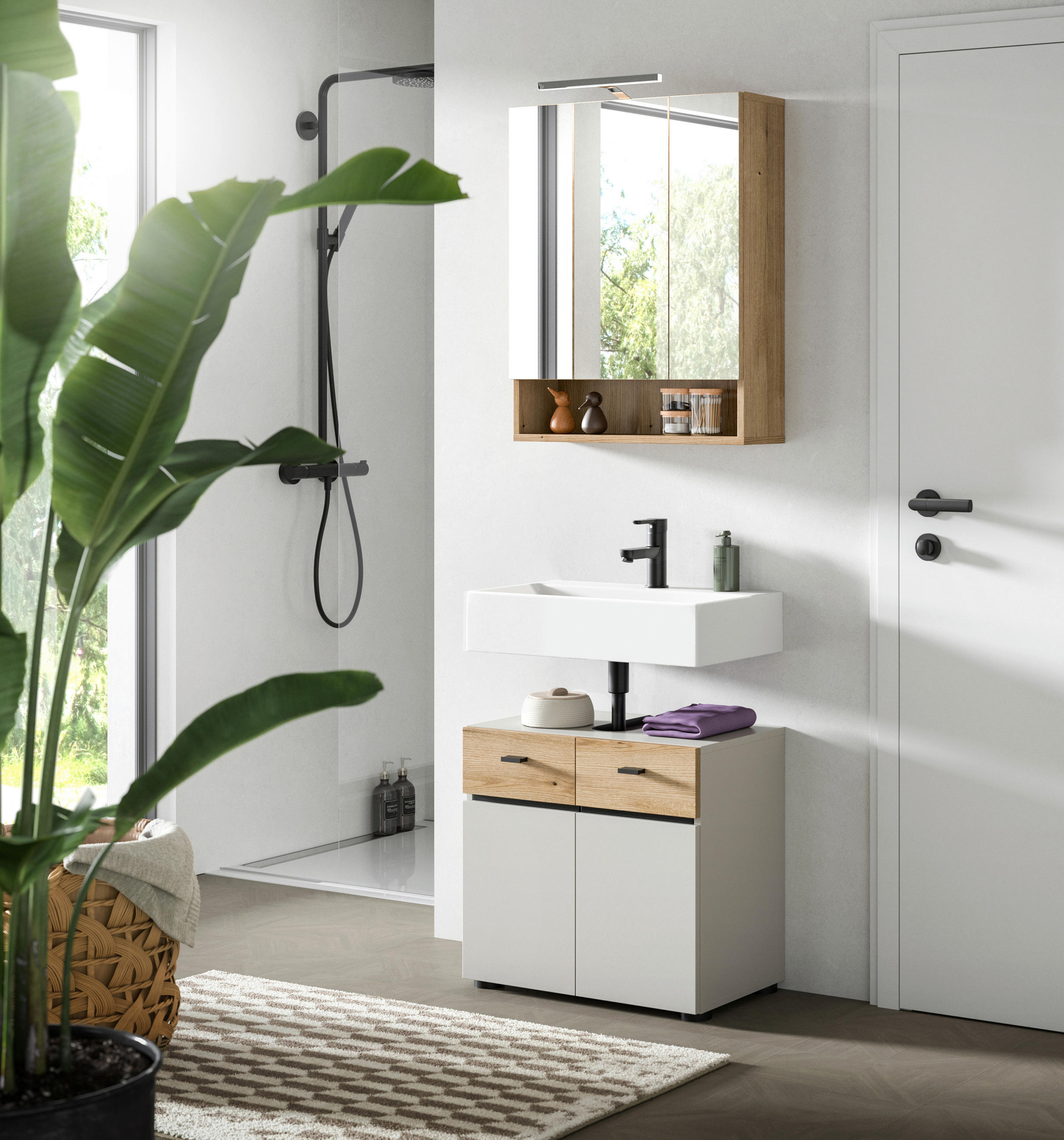 BADEZIMMER 2-teilig  in 60 cm  - Kaschmir/Eichefarben, Trend, Glas/Holzwerkstoff (60cm) - MID.YOU