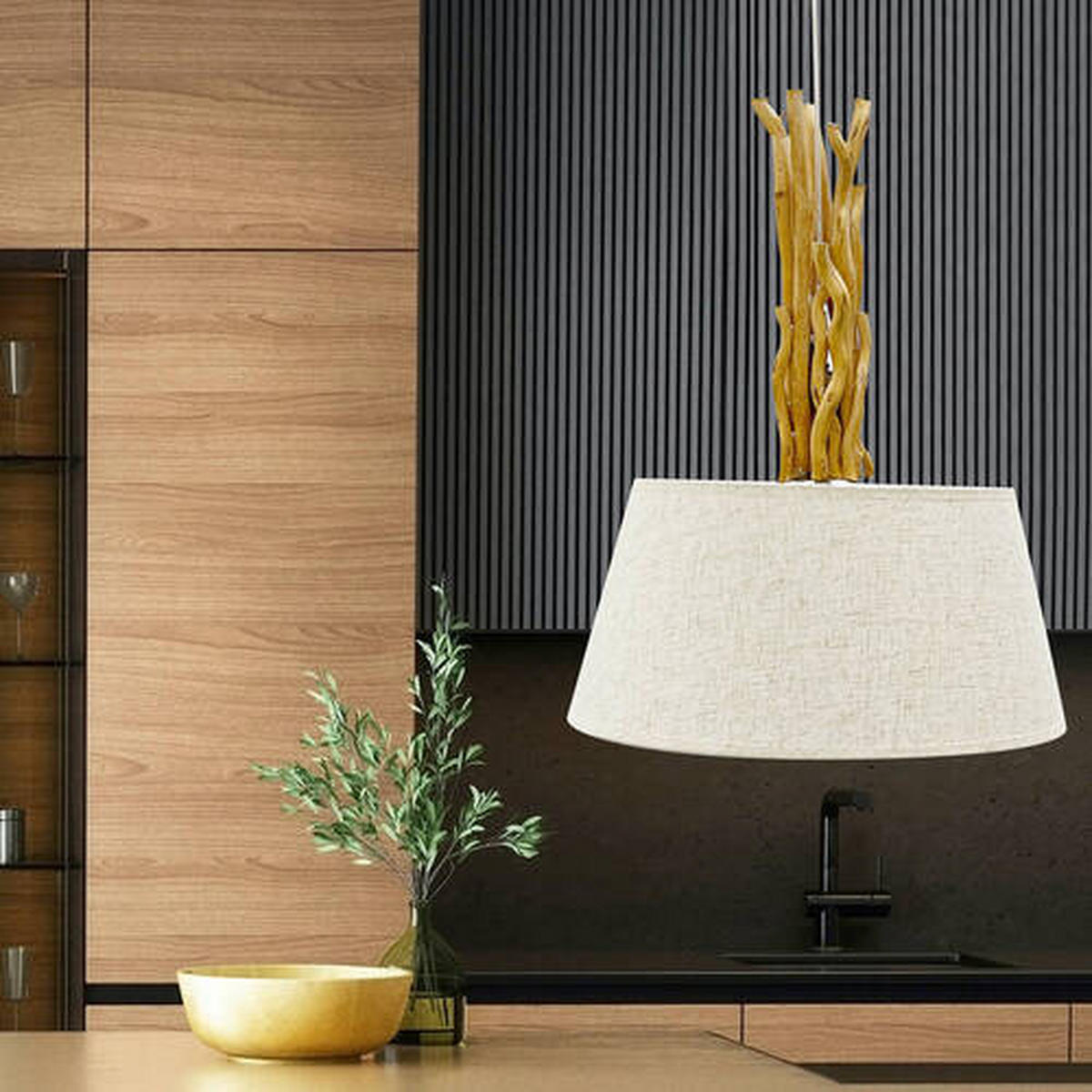 ZÁVĚSNÉ SVÍTIDLO, 45/110 cm  - bílá/světle hnědá, Natur, dřevo/textil (45/110cm)