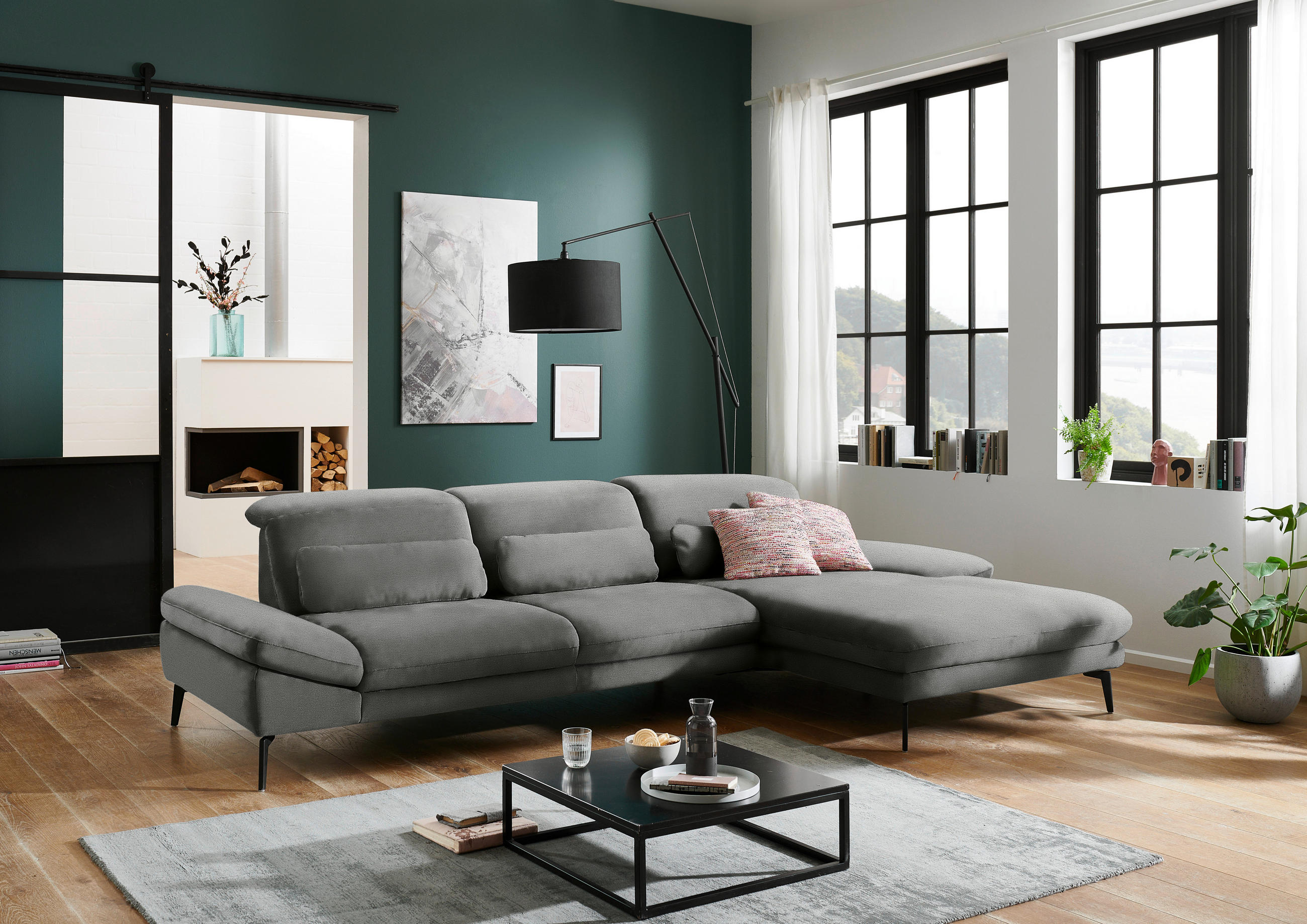ECKSOFA Grau Chenille  - Schwarz/Grau, Design, Textil/Metall (319/188cm) - Beldomo System