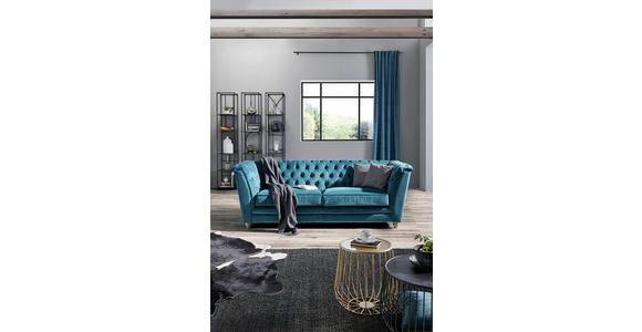 CHESTERFIELD-SOFA in Samt Türkis, Eichefarben - Türkis/Eichefarben, LIFESTYLE, Holz/Textil (220/78/90cm) - Ambia Home