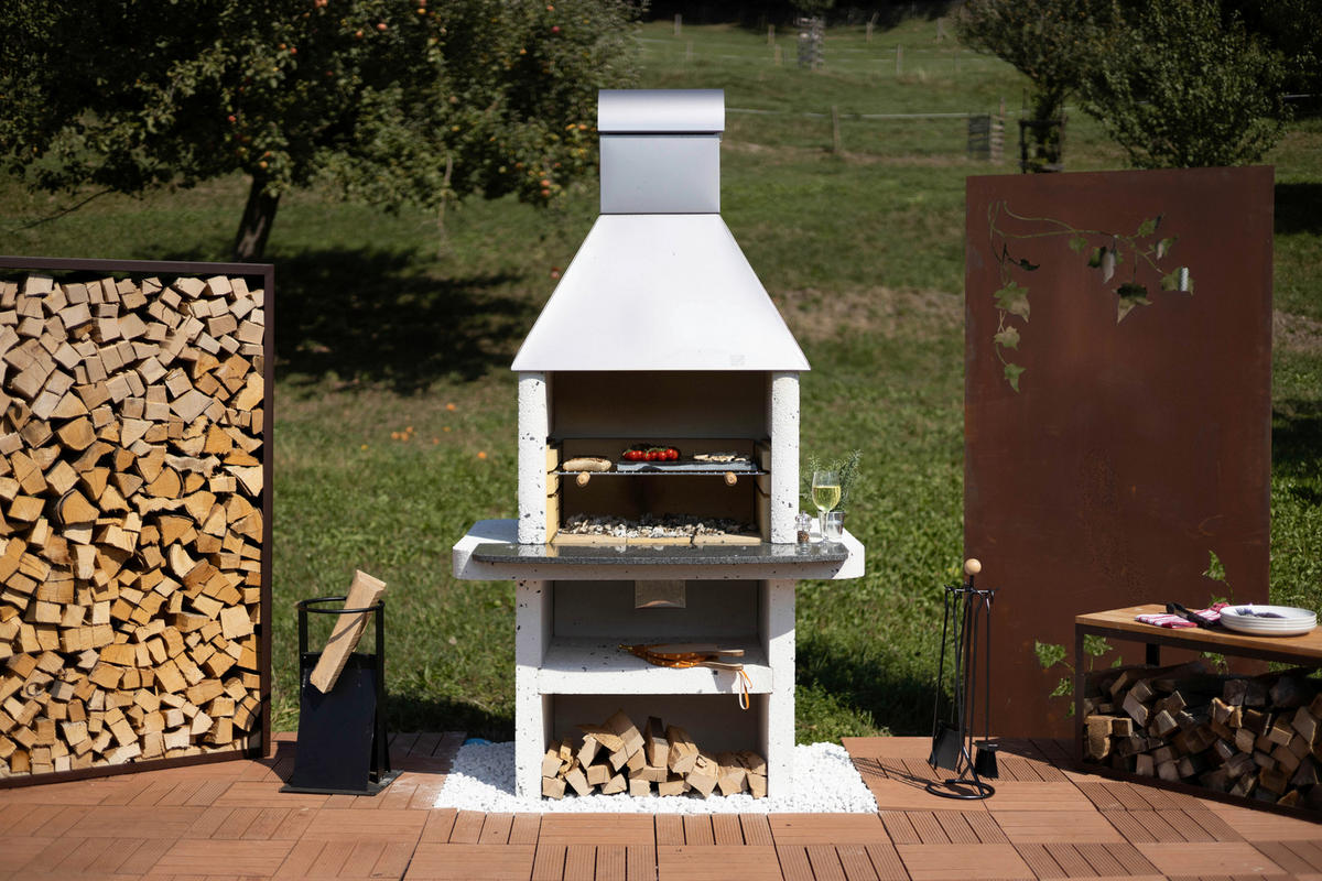 HOLZKOHLEGRILL - Weiss, Design, Stein (104/202/112cm) - Nouvel