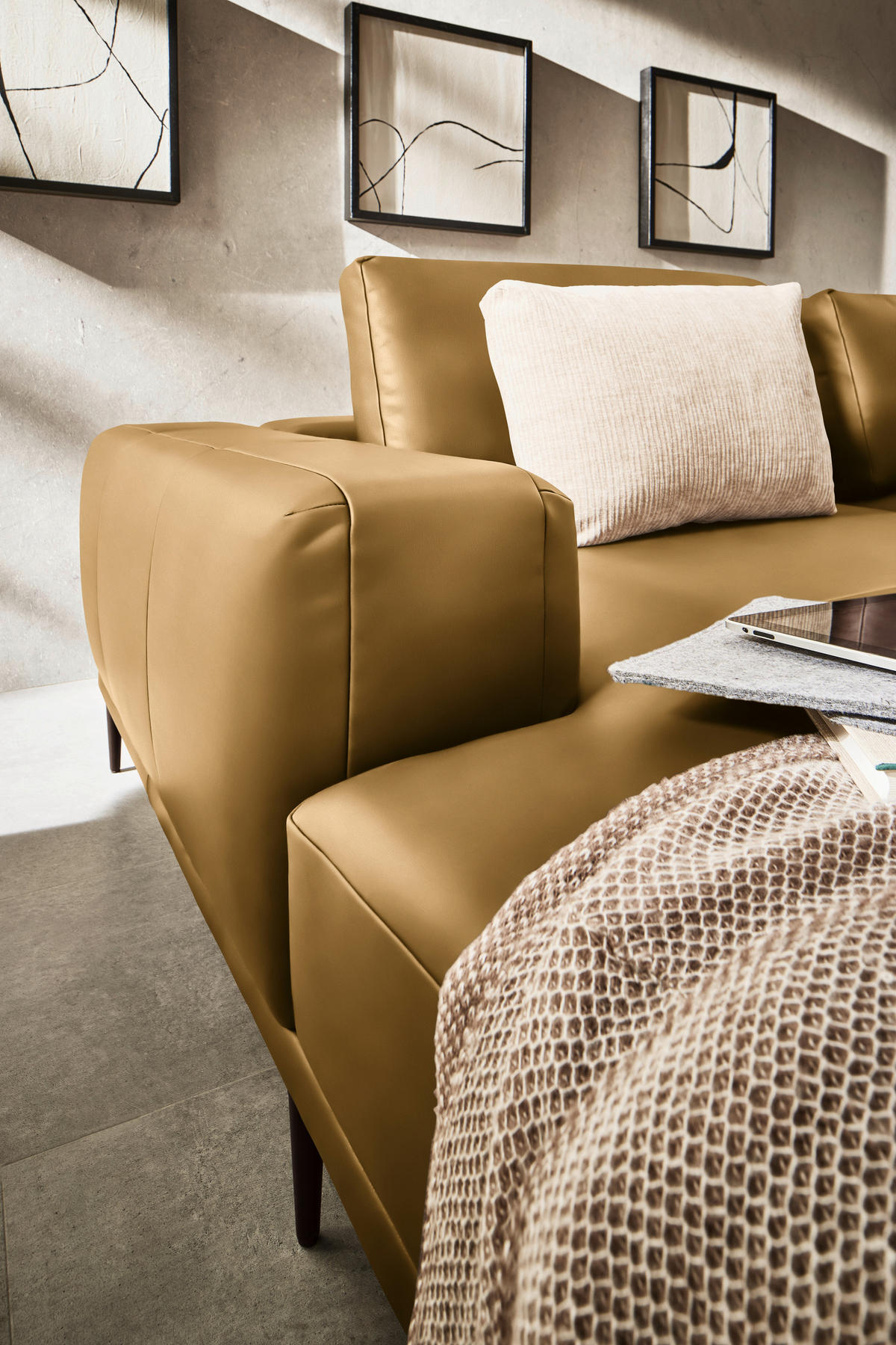 ECKSOFA Echtleder Senfgelb  - Senfgelb/Schwarz, Design, Leder/Metall (201/304cm) - Belluti