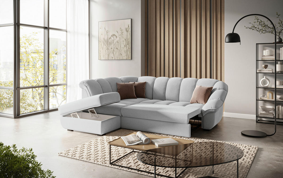 ECKSOFA Hellgrau Chenille Bettkasten, Schlaffunktion, Rücken echt  - Hellgrau/Schwarz, KONVENTIONELL, Kunststoff/Textil (222/260cm) - Welnova