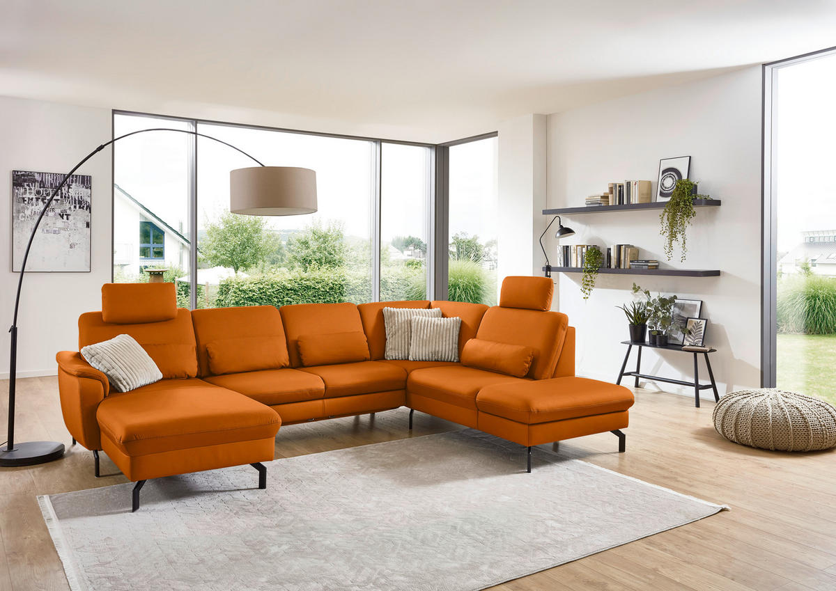 WOHNLANDSCHAFT Echtleder Orange  - Schwarz/Orange, Konventionell, Leder/Metall (168/306/224cm) - Beldomo Premium