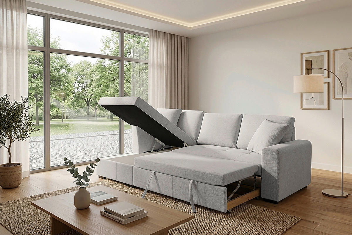 ECKSOFA LUKAS Creme Struktur Zierkissen, Bettkasten  - Creme, Trend, Textil (158/239cm) - P & B