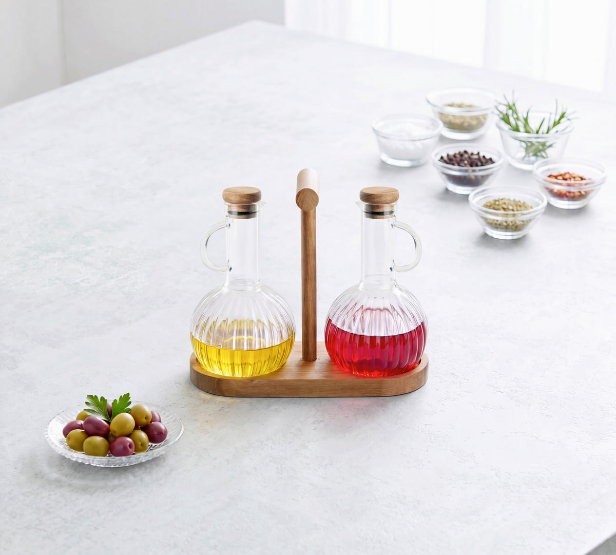 Set Olivieră Și Oțetieră - străveziu/culoare lemn acacia, Lifestyle, sticlă/lemn - Ambia Home
