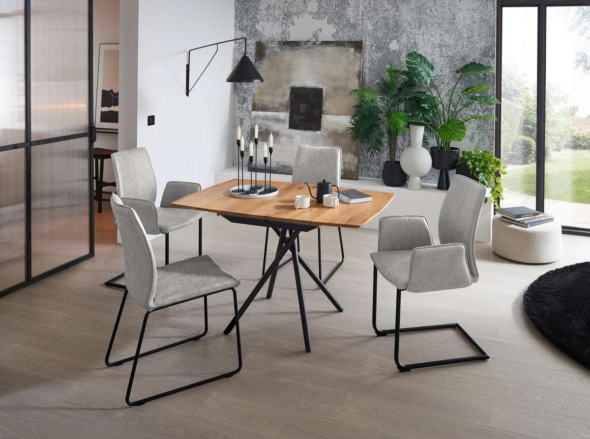 ESSTISCH 120-160/80/76 cm Echtholz  Holz ausziehbar, Gestellauswahl bootsförmig Eichefarben  - Eichefarben/Schwarz, Design, Holz/Metall (120-160/80/76cm) - Valdera