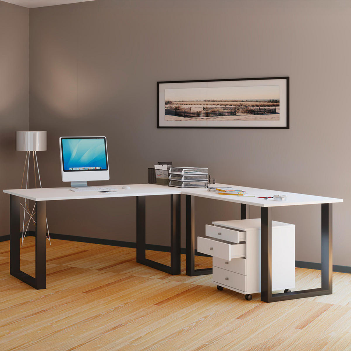 ECKSCHREIBTISCH 160/80/76 cm  in Schwarz, Weiß  - Schwarz/Weiß, MODERN, Holzwerkstoff/Metall (160/80/76cm) - MID.YOU